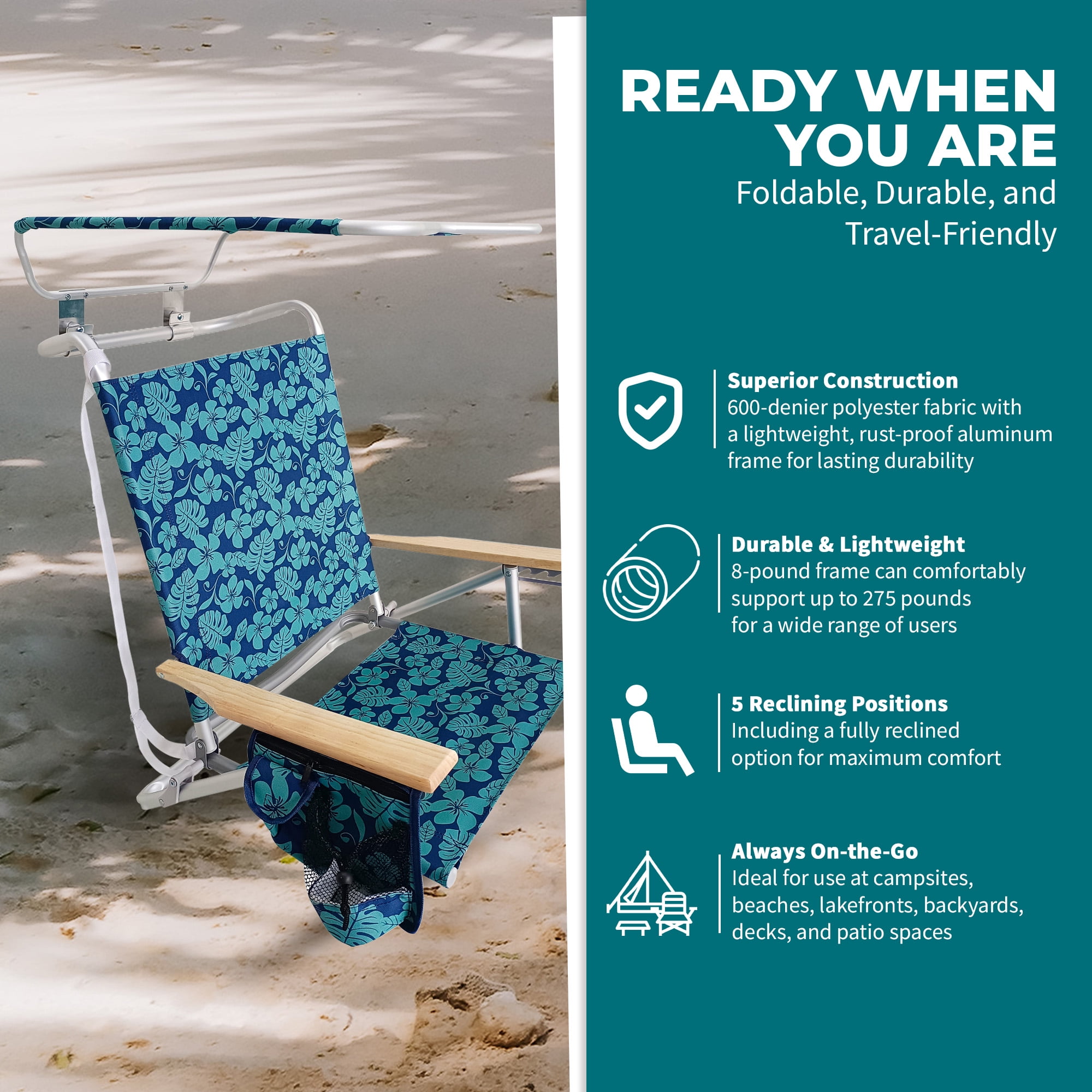 Bliss Hammocks Folding Beach Chair with Canopy and Cup Holder (Blue Flower, 275 lb Capacity) 7wkp9