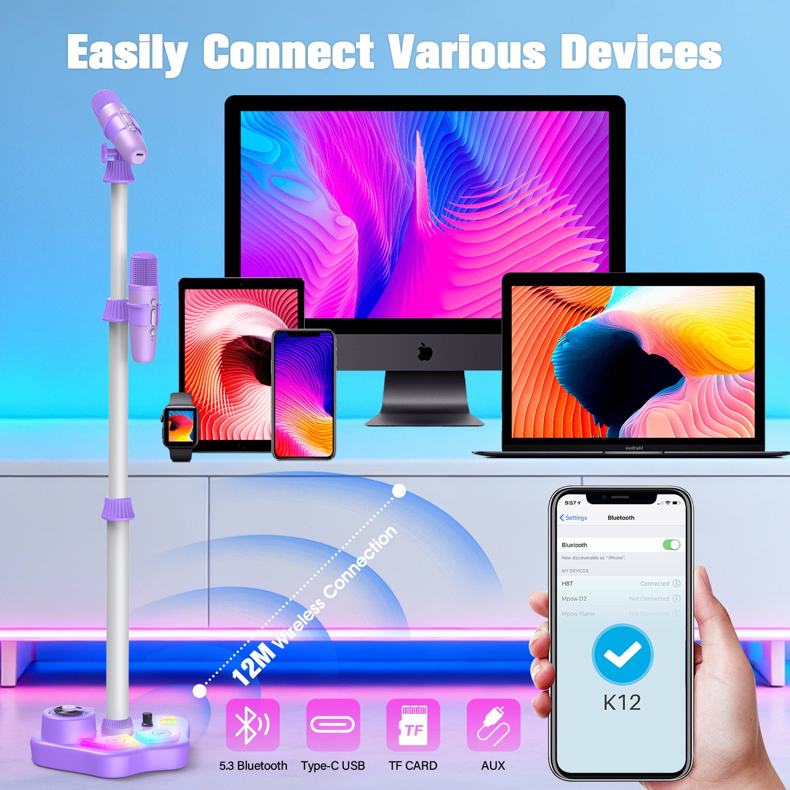 ATOPDREAM Bluetooth Karaoke Machine with Adjustable Stand and Microphone (Multicolor, 1 Pack) 72s6k
