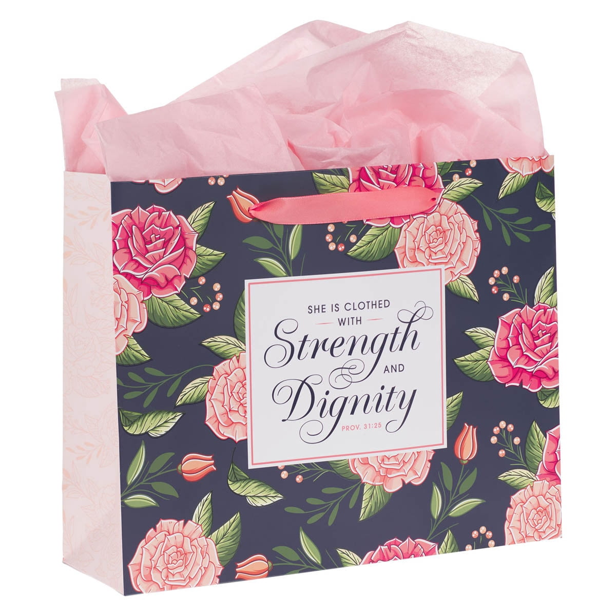 Christian Art Gifts Large Landscape Scripture Gift Bag Set with Card and Tissue Paper (Black/Pink, 12.5 in x 10 in x 3.9 in) tk6mm