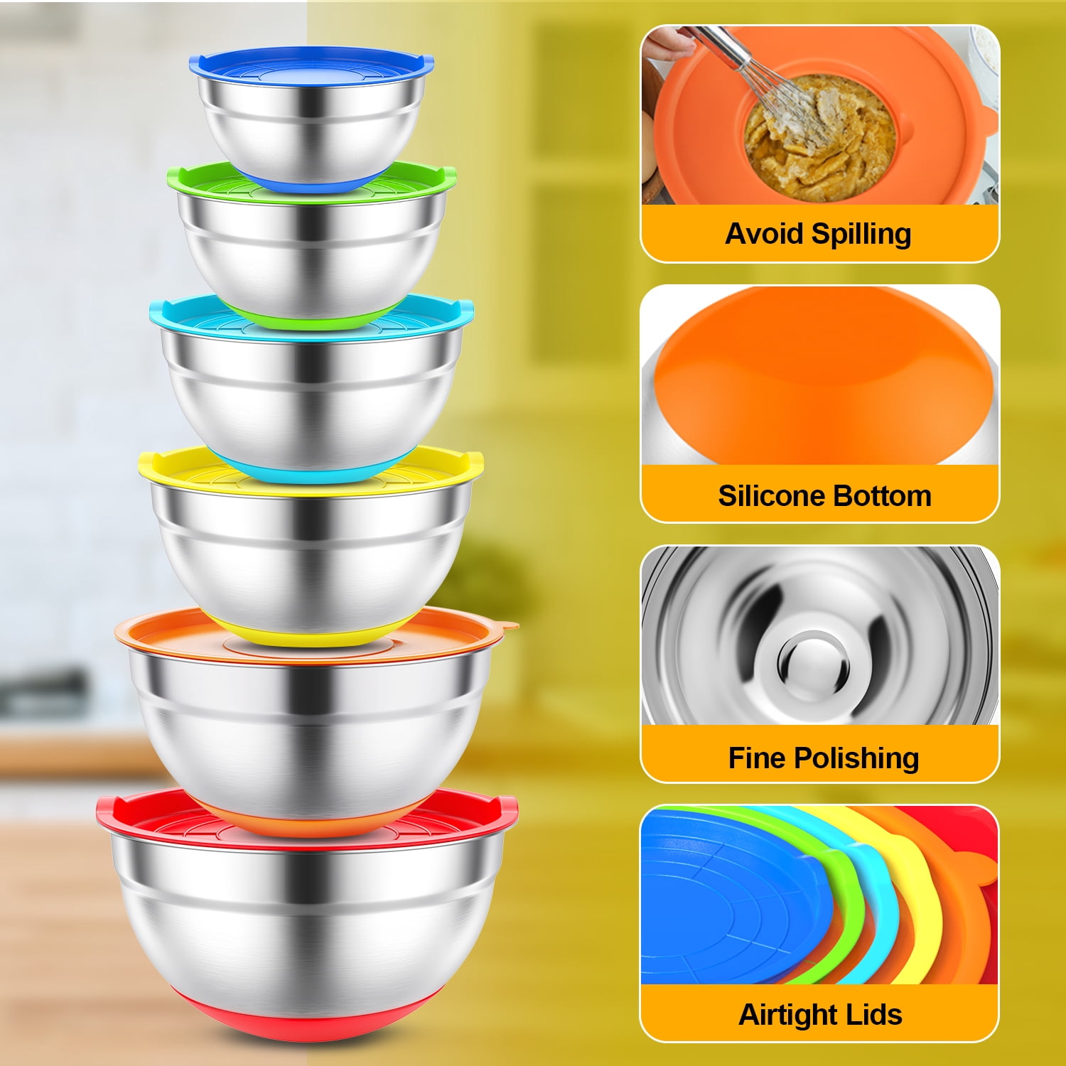 TINANA 26-Piece Stainless Steel Mixing Bowl Set with Lids and Kitchen Gadgets (Multicolor, 1.5 to 7 QT) tv1sf