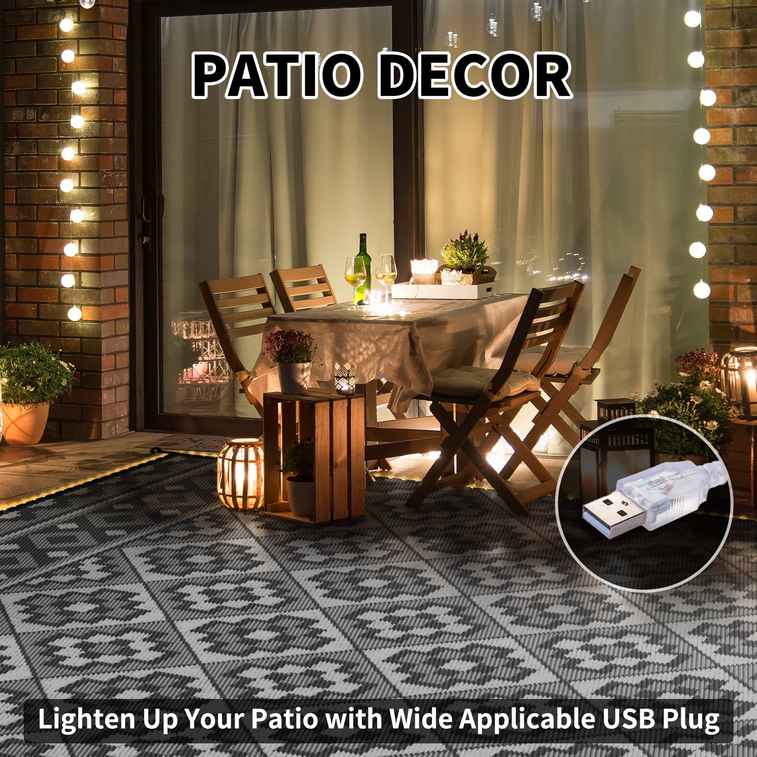 SIXHOME Outdoor Rug with LED Strip Light, Waterproof Reversible Patio Mat for RV Camping and Deck (Light Gray, 9 ft x 12 ft) 904jr
