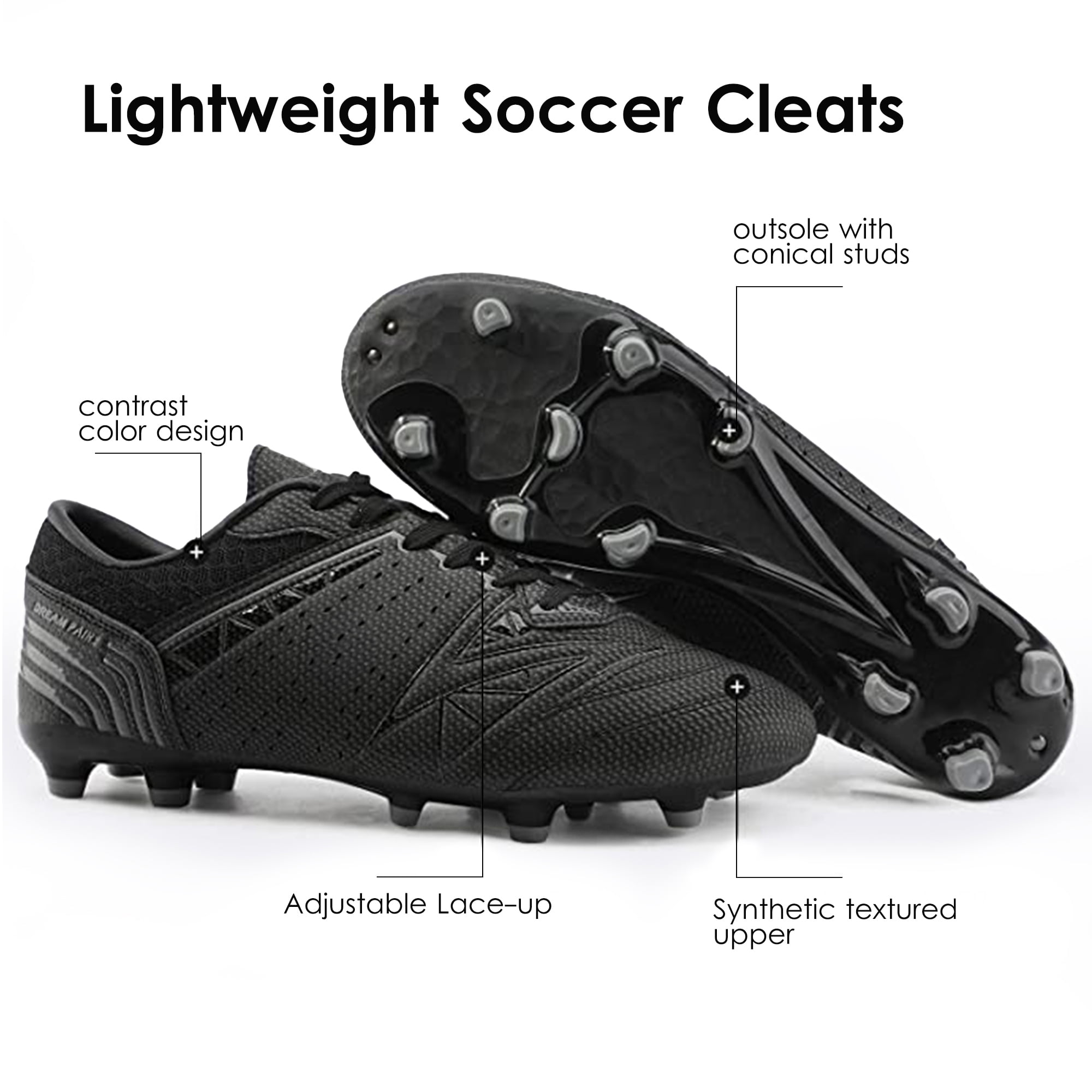 Burudani Men Athletic Soccer Cleats Lightweight Outdoor Football Shoes (Black, 10 US) kkub1