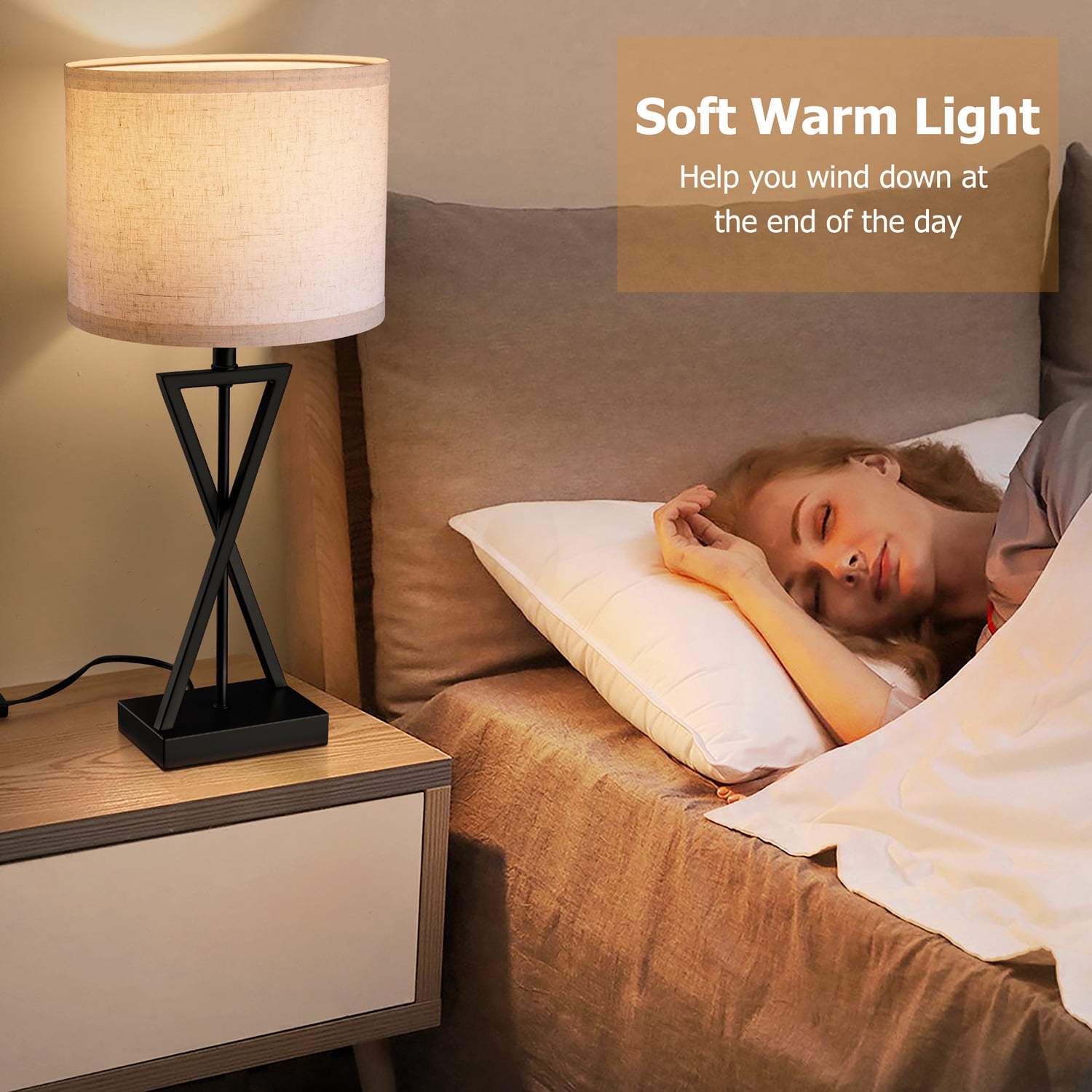 Walchoice Modern Table Lamp, Minimalist Bedside Desk Lamp with Linen Shade (Matte Black, 15 in) 8ly8o