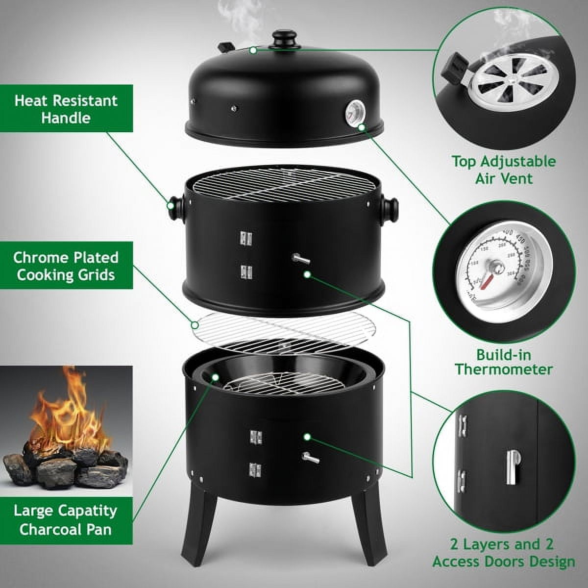 Geemuslly Vertical Charcoal Smoker, 3-in-1 Heavy Duty BBQ Grill for Outdoor Cooking (Black, 16 in) p67bx