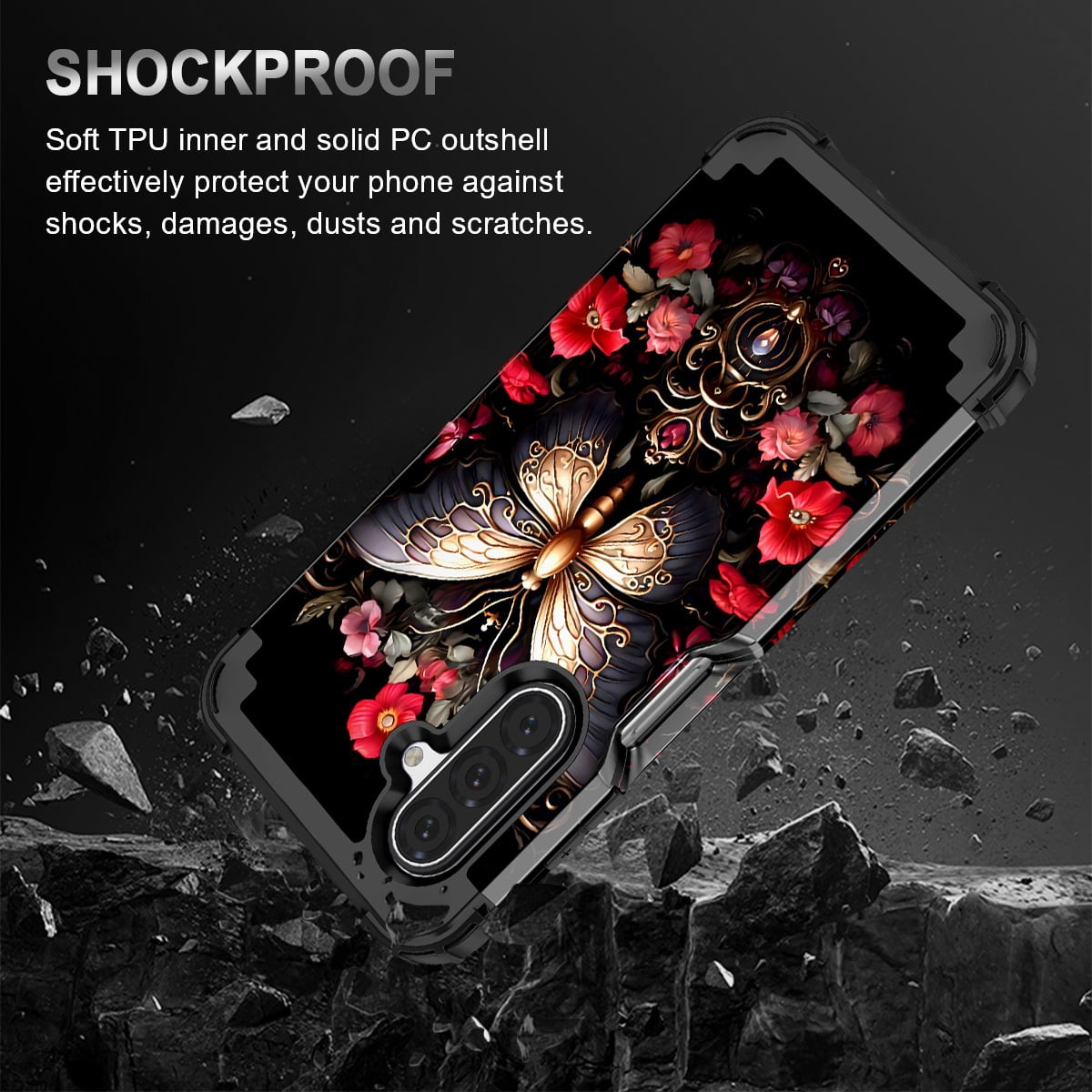 Casetego Samsung Galaxy A17 5G Case, Heavy Duty Shockproof Glow in the Dark Protective Cover (Black Red Butterfly, 1 Pack) 5gpkw