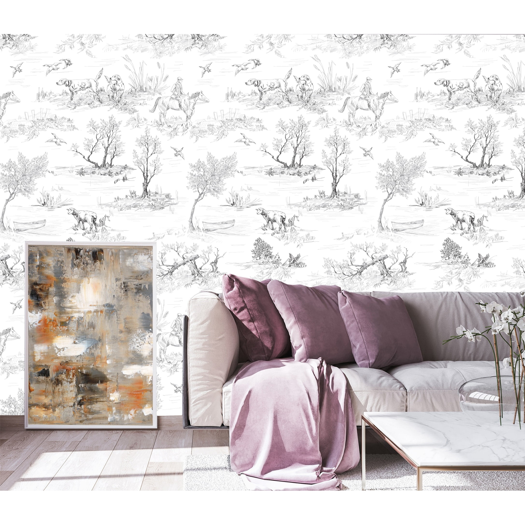 MuralsPrint Toile de Jouy Peel and Stick Wallpaper Floral Self-Adhesive Wall Decor (Brown, 10 ft x 24 in) n5nxf