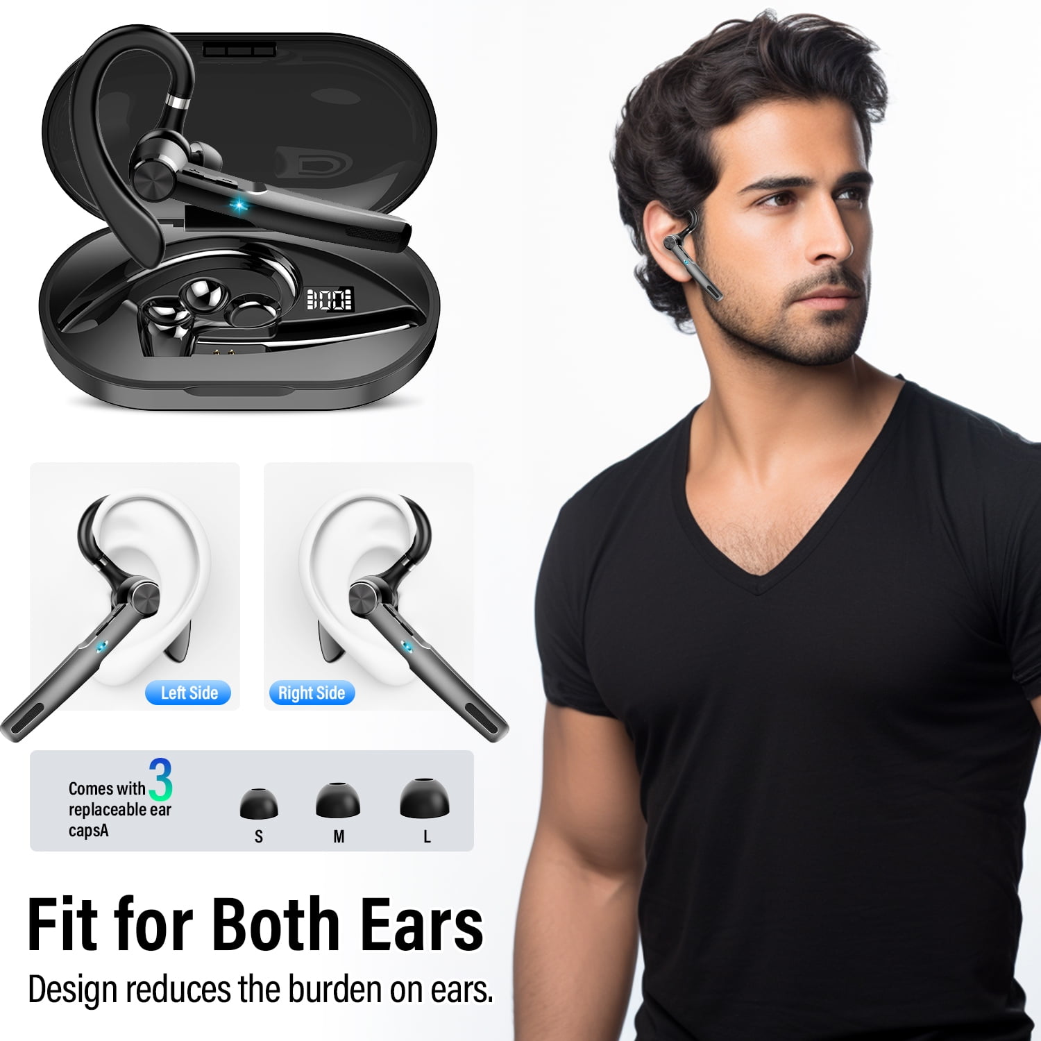 Aptkdoe Single-Ear Bluetooth Headset with ENC Microphone, Wireless Earpiece for Business and Driving (Black, 400mAh Charging Case) 1vq2c