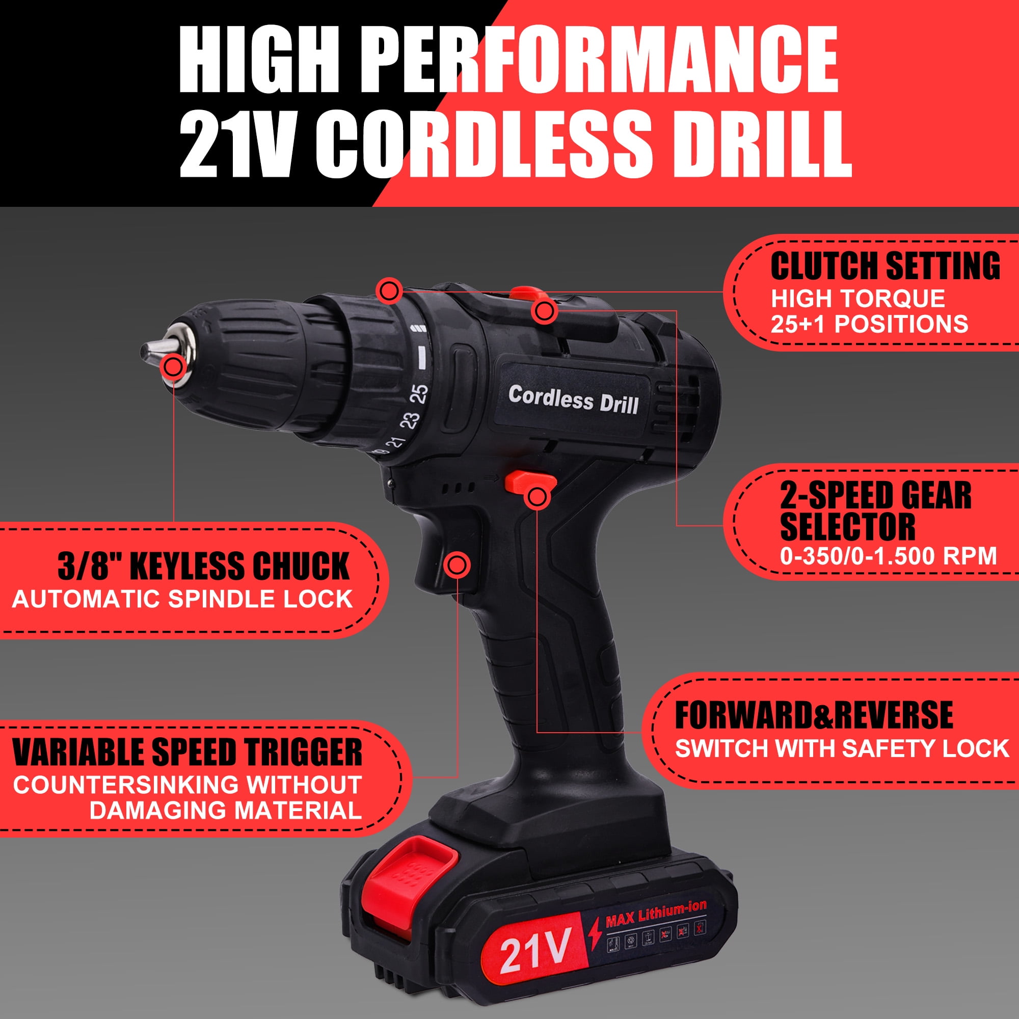 HDJ 21V Cordless Drill Driver Set with 2 Batteries, 3/8 in Keyless Chuck, Variable Speed (Black, 3.37 lb) msh9o