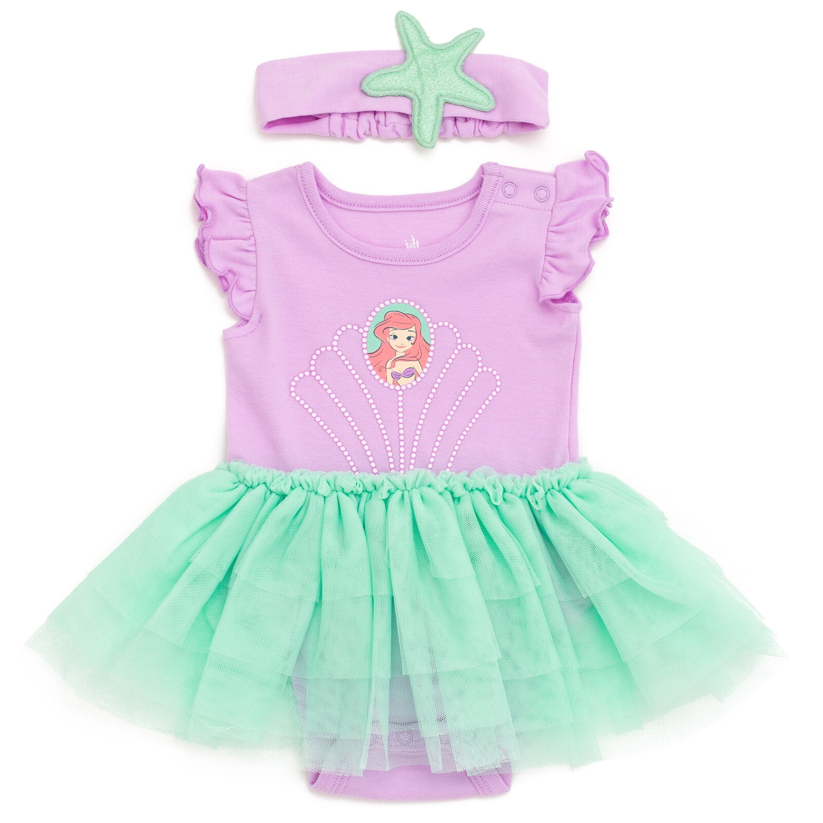 Disney Princess Ariel Cosplay Bodysuit with Skirt Overlay and Headband Outfit Set (Green and Purple, 0-24 Months) aa42o