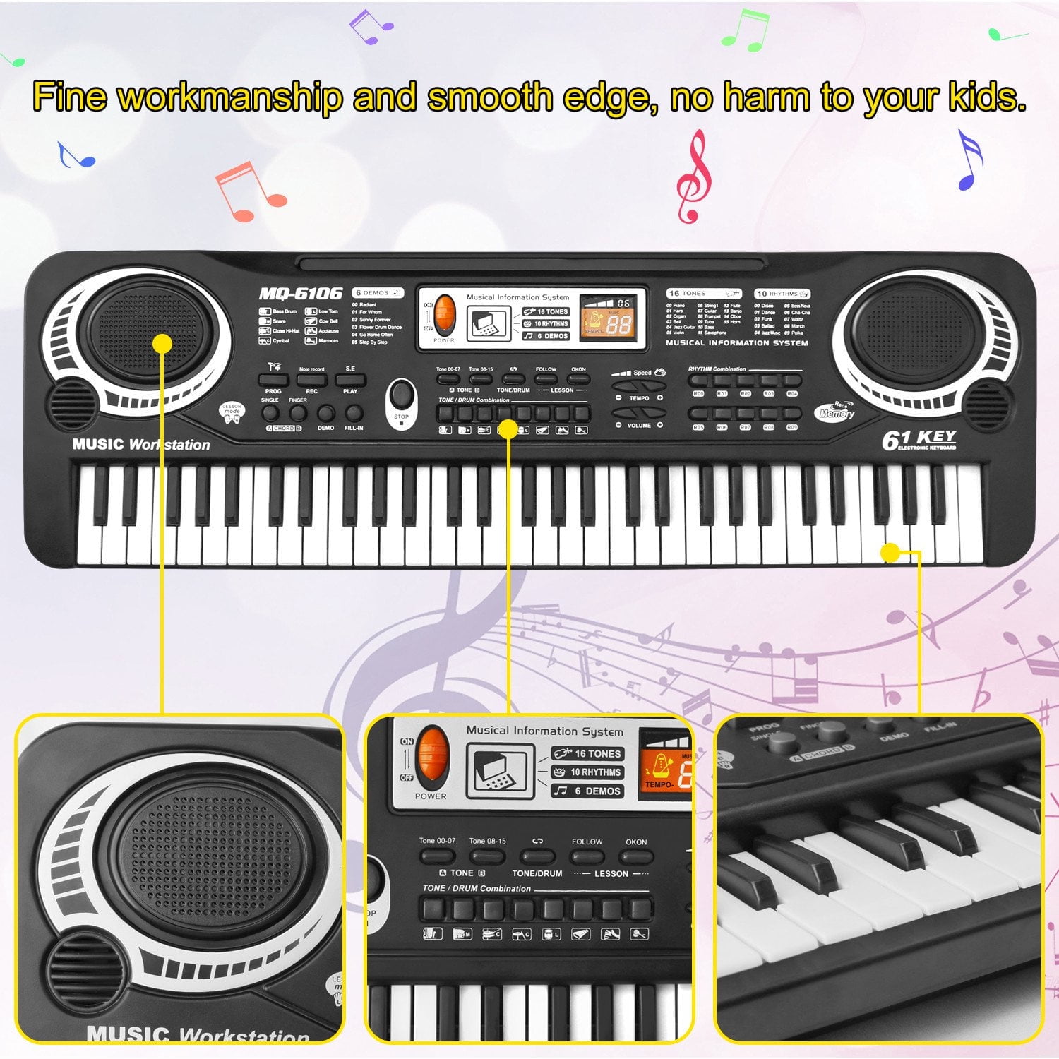 Haokaini 61-Key Electronic Piano Keyboard for Kids with Microphone (Black, 21.3x6.7x2.1 in) jwyct