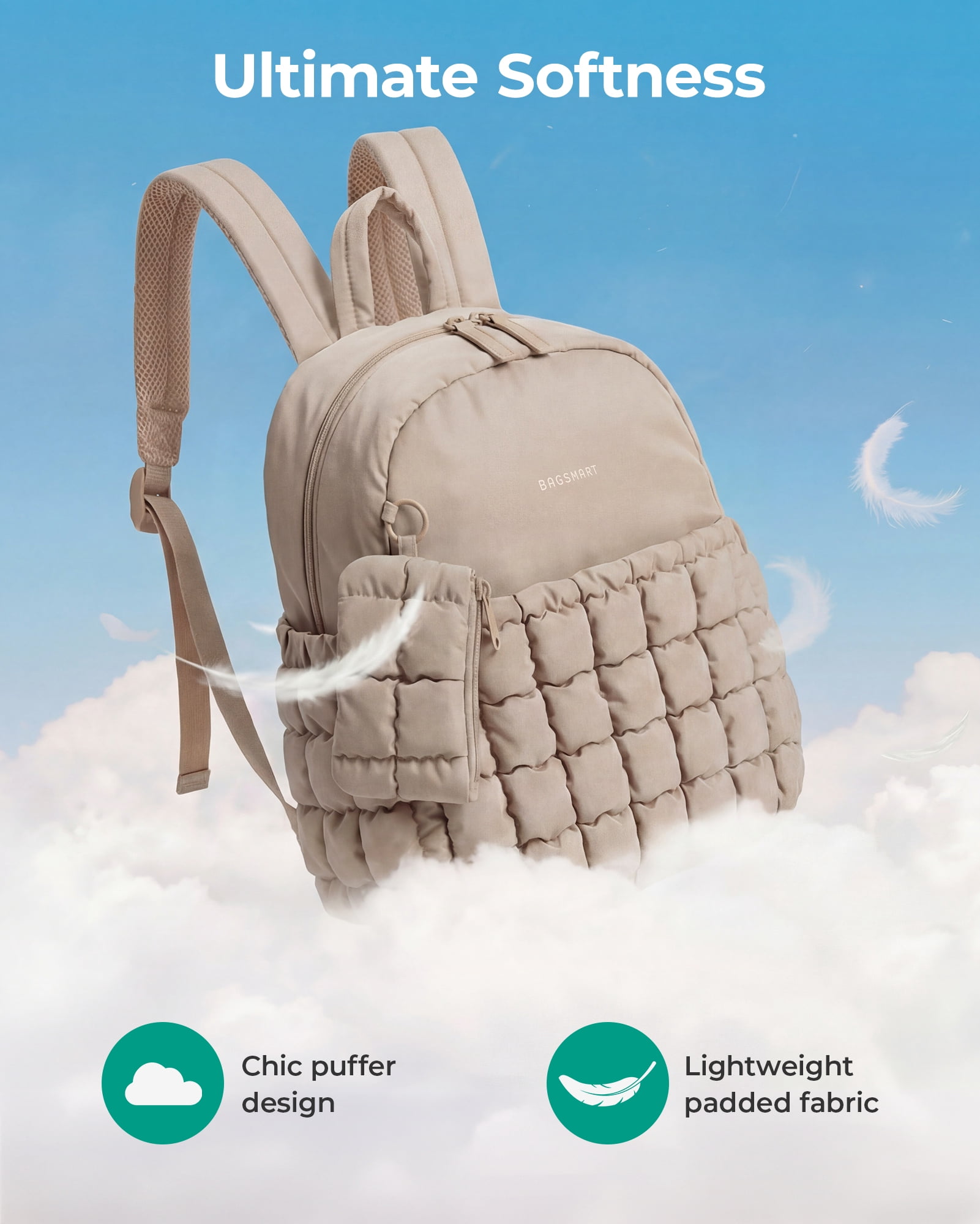BAGSMART Quilted Mini Backpack, Lightweight Puffer Travel Daypack with Detachable Pouch (Camel, 12.2 x 8.8 x 4.7 in) o97zk