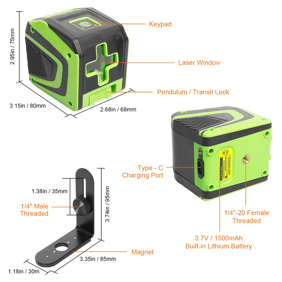 Huepar Self-Leveling Green Beam Laser Level Cross Line Tool with Rechargeable Battery (Green, 165 ft) 2pppu