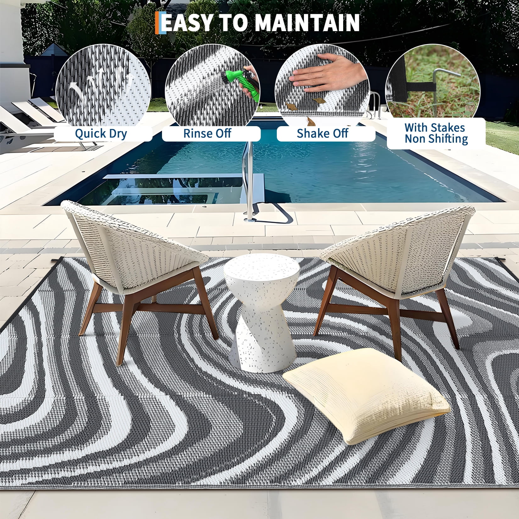 GIMMYFIVE Reversible Plastic Straw Indoor Outdoor Rug, Waterproof Patio Mat for Camping and RV (Black, 5 ft x 8 ft) uli5l