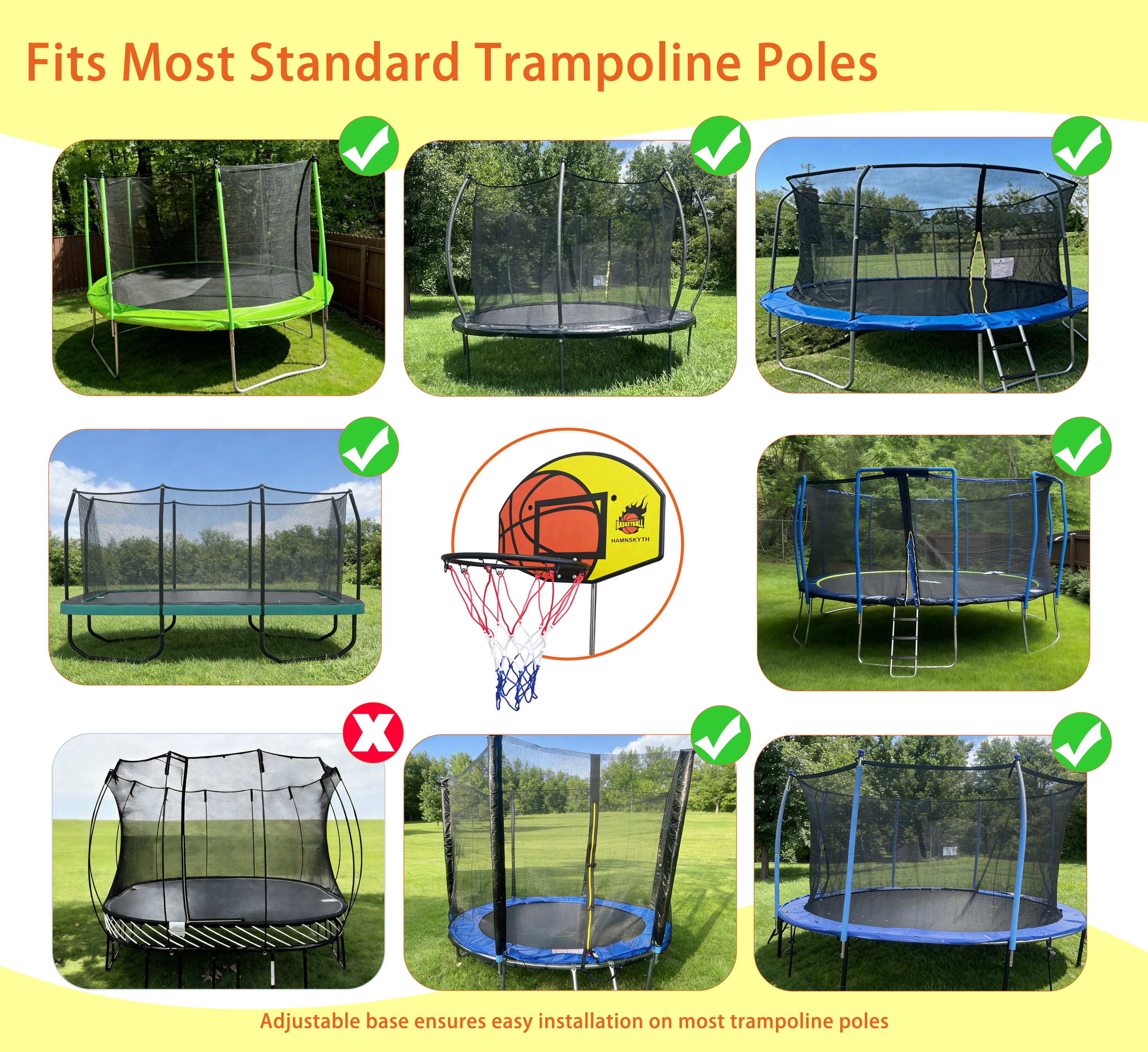 Hamnskyth Trampoline Basketball Hoop Attachment with Adjustable Base (Yellow, 1 Set) osh0l