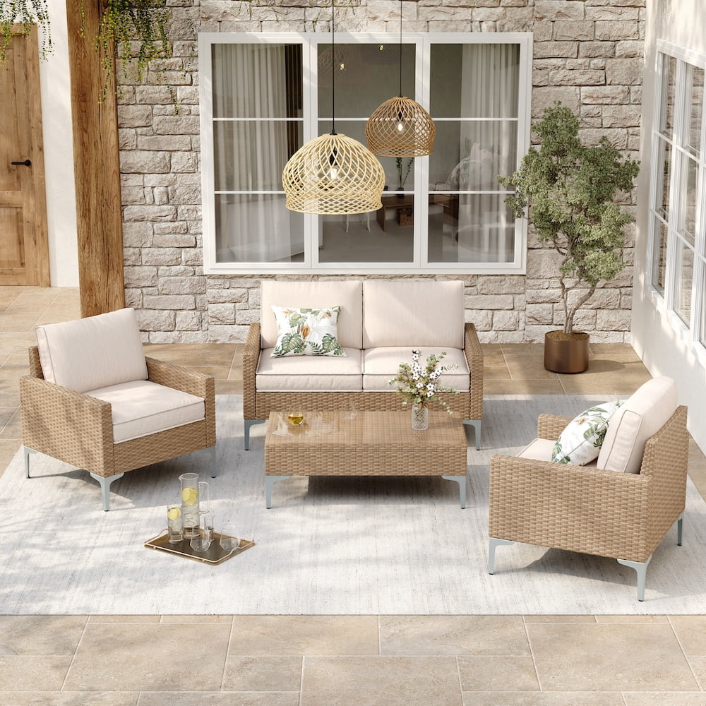 JOYURE 4-Piece Outdoor Wicker Patio Furniture Set with Tempered Glass Table and Cushions (Beige, 4-Piece) uvfta