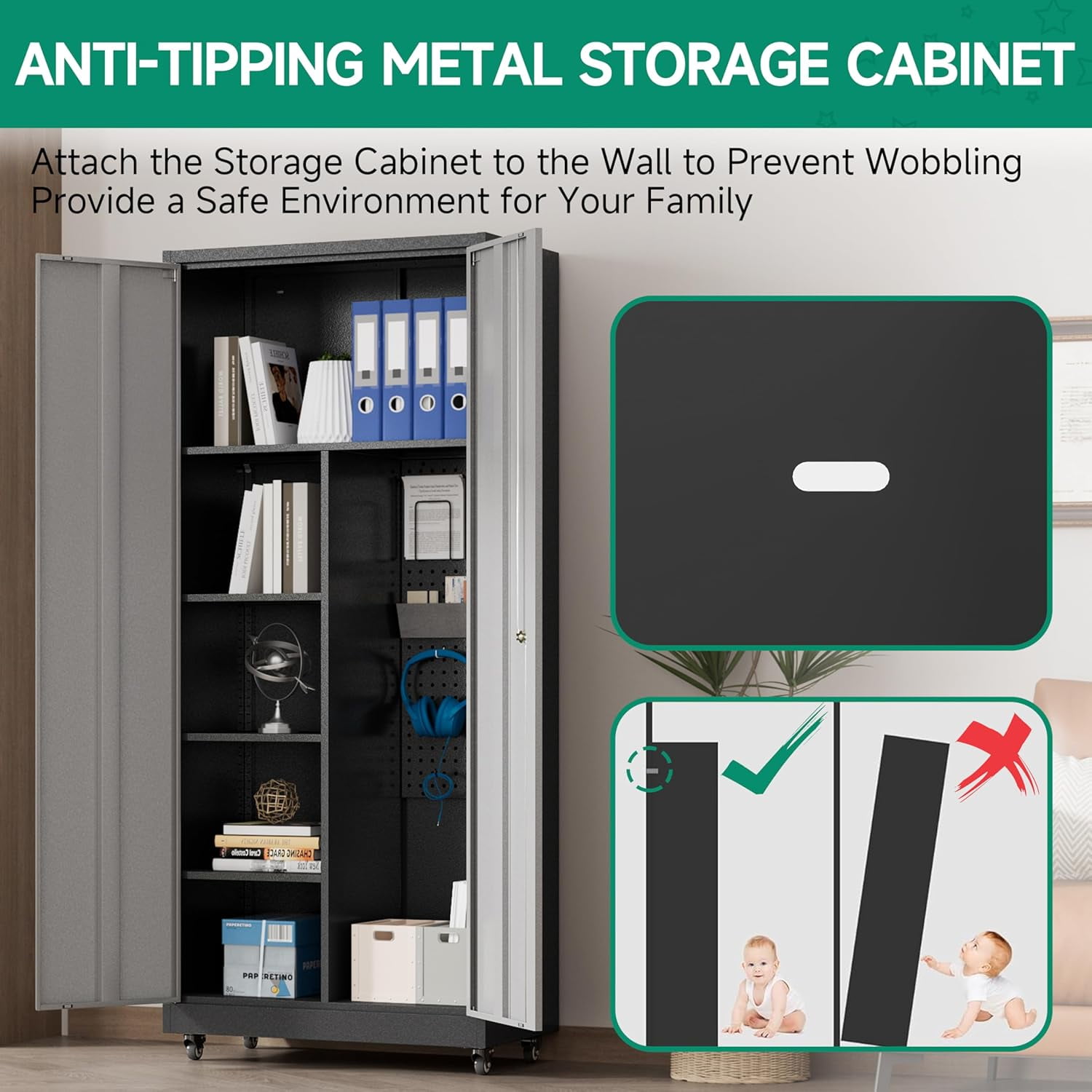 Kooyon Metal Garage Storage Cabinet with Locking Doors and Adjustable Shelves (Black, 72 in H x 36 in W x 18 in D) dq2e3