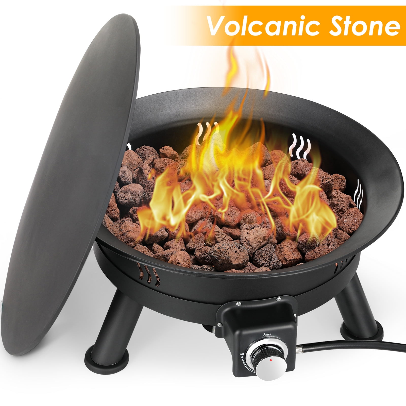 LAZY BUDDY Portable Propane Gas Fire Pit, Outdoor Smokeless Heating with Cover and Lava Rocks (24 in) wtqay