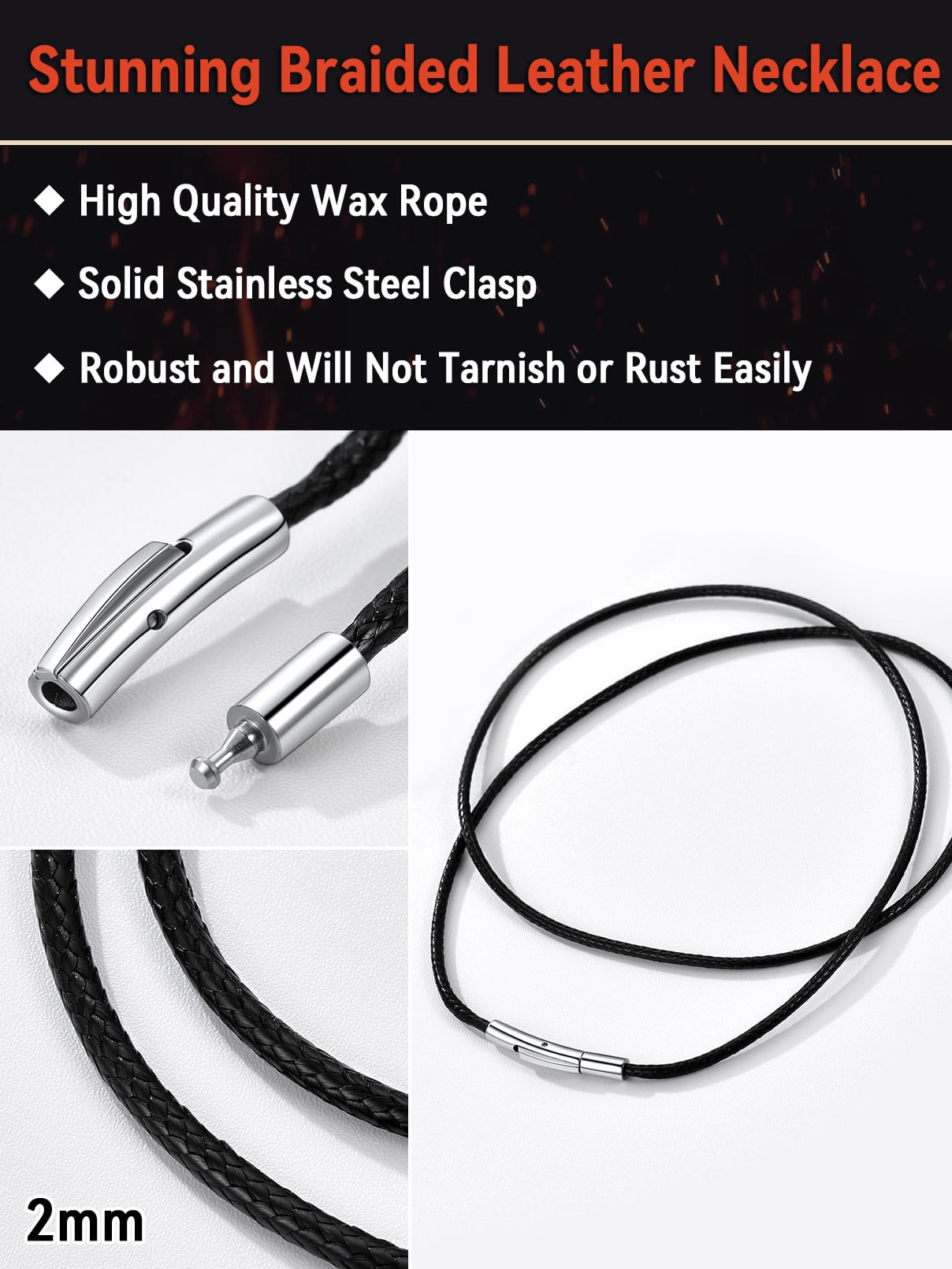 FaithHeart Braided Leather Cord Necklace for Men and Women, Waterproof Wax Rope Chain with Stainless Steel Clasp (Black, 20 in) 0r57a