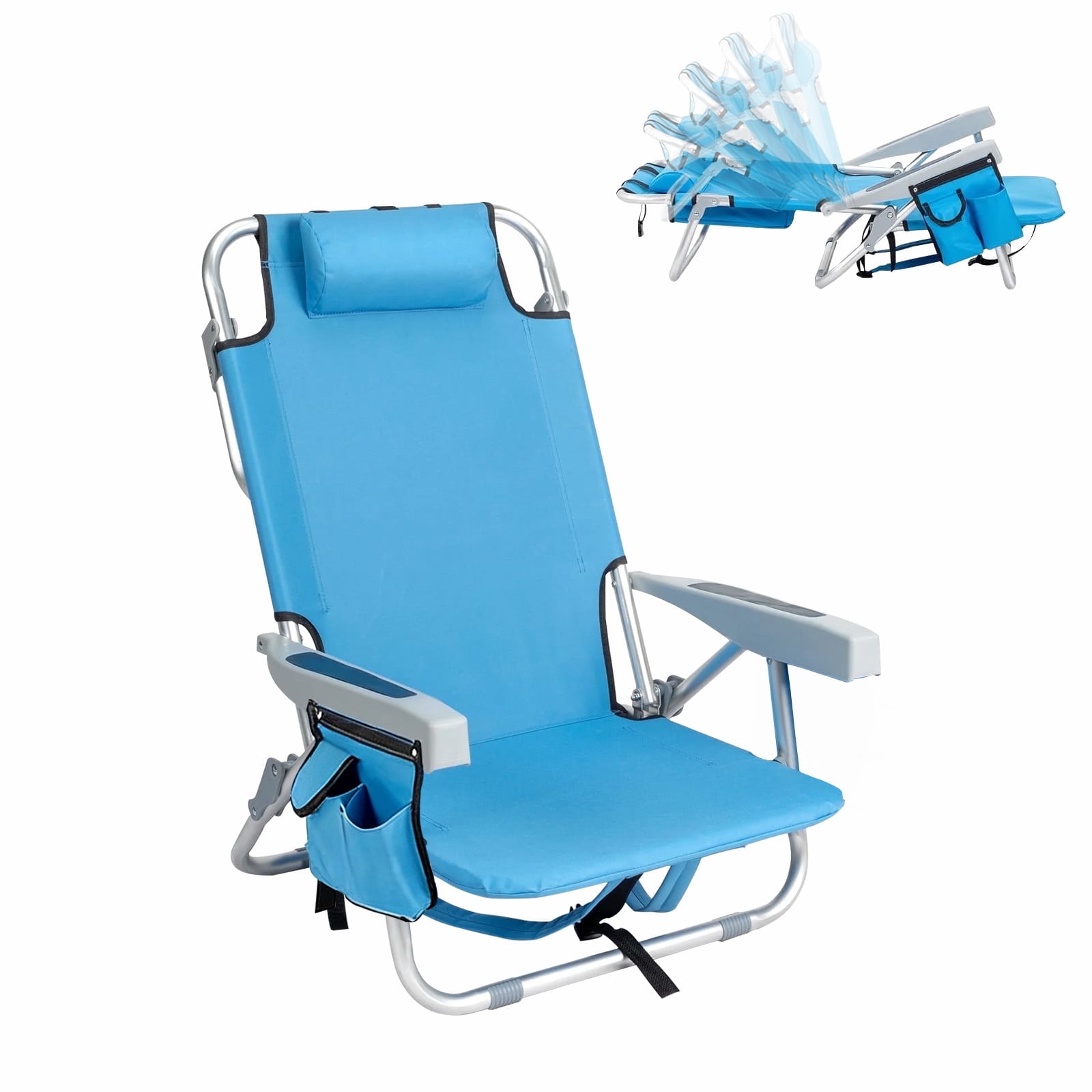 Geemuslly Folding Backpack Beach Chair, 5-Position Recline Portable Aluminum Lounge Chair with Storage Pockets and Cup Holder (Blue, 330 lb Capacity) 3vg68