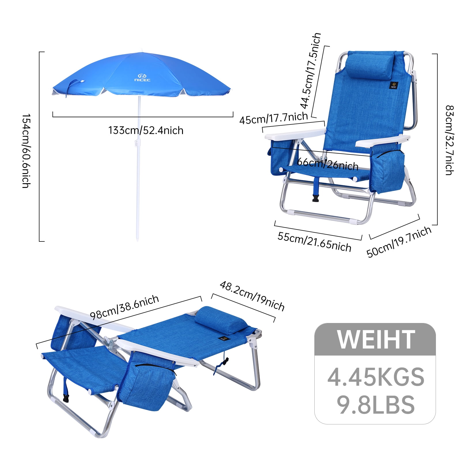 MUKE Backpack Beach Chair with Umbrella, Cooler, and Cup Holder (Blue, 1 Pack) gkwsu