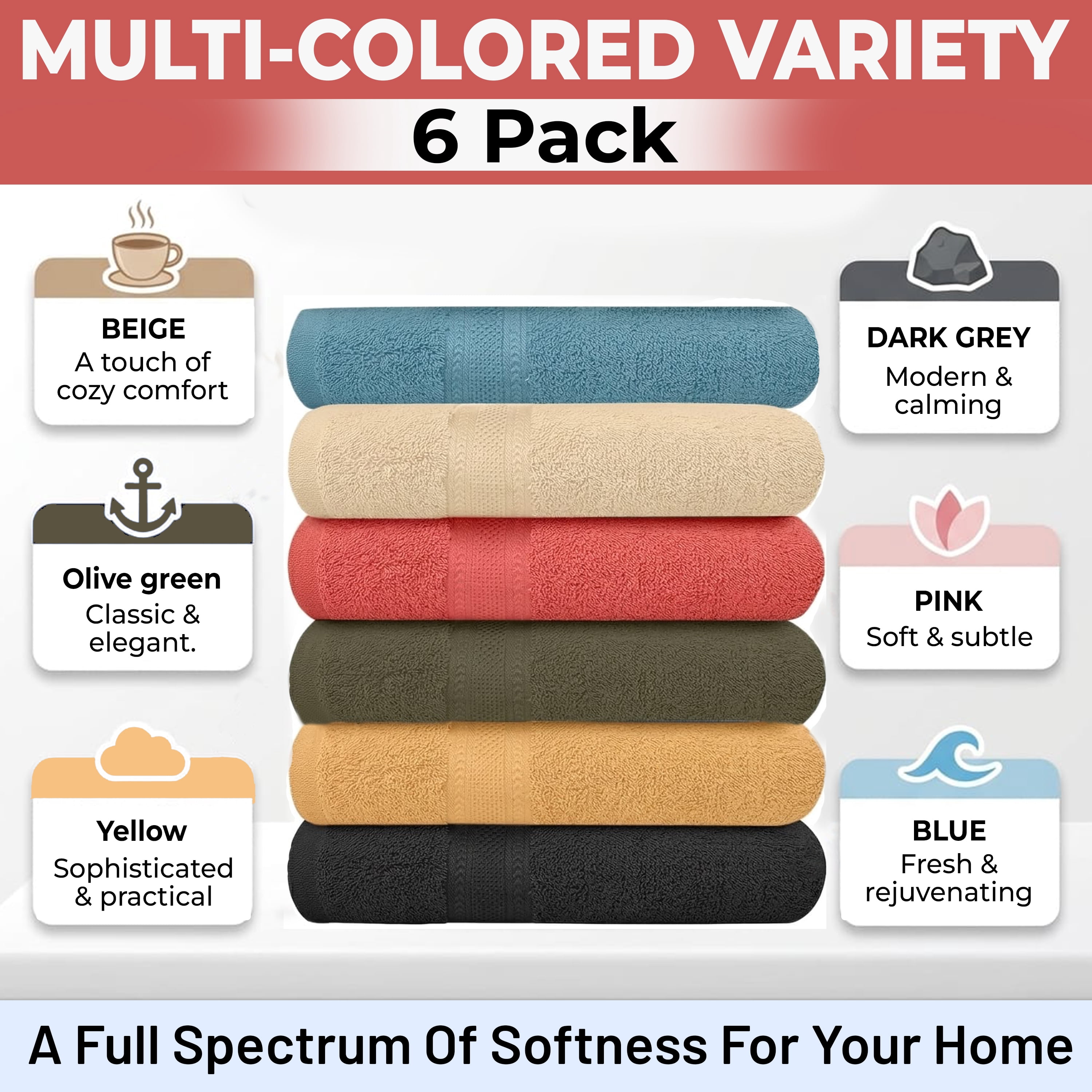KAHAF COLLECTION Cotton Bath Towel Set, Quick-Dry and Highly Absorbent, Soft Bathroom Essentials (Multicolor, 6-Pack, 27 in x 54 in) upiyo