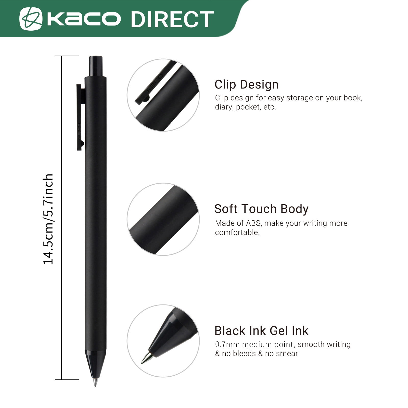 Kaco Gel Pens, Fine Point Retractable Pens, Quick-Dry Smooth Writing, Aesthetic Office Supplies (Black, 10 Count) ag8q4