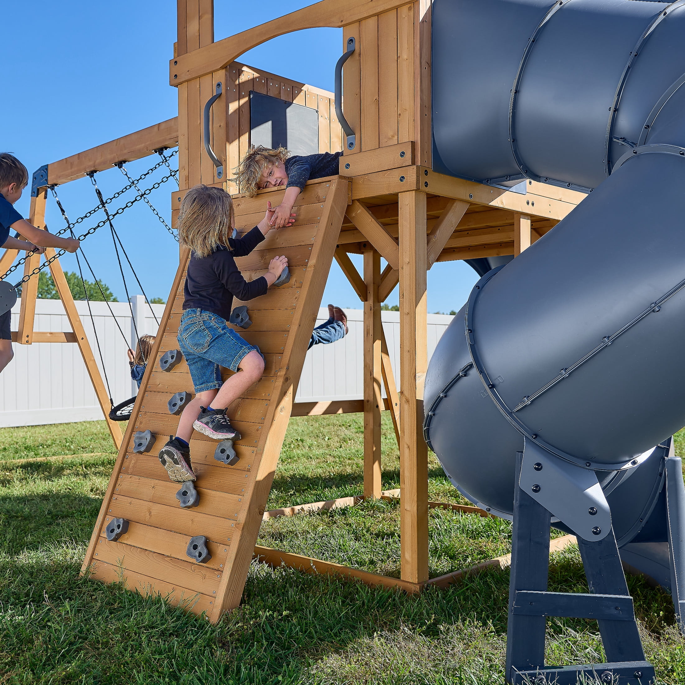Backyard Discovery Dover Bay Spruce Swing Set with Clubhouse, Rock Wall, and Slides (Brown, 11-Child Capacity) 9d4n2
