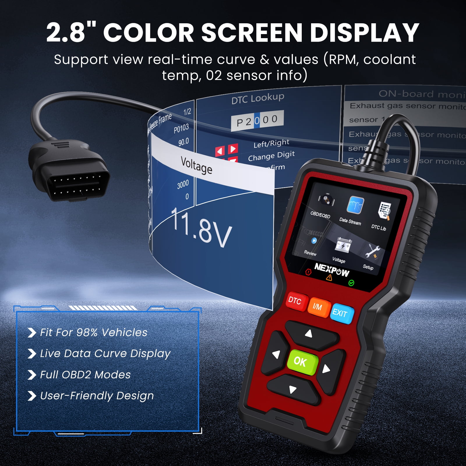 NEXPOW OBD2 Scanner Car Code Reader Diagnostic Tool for Check Engine Light (Red, 2.5 ft Cable) 8j8mt
