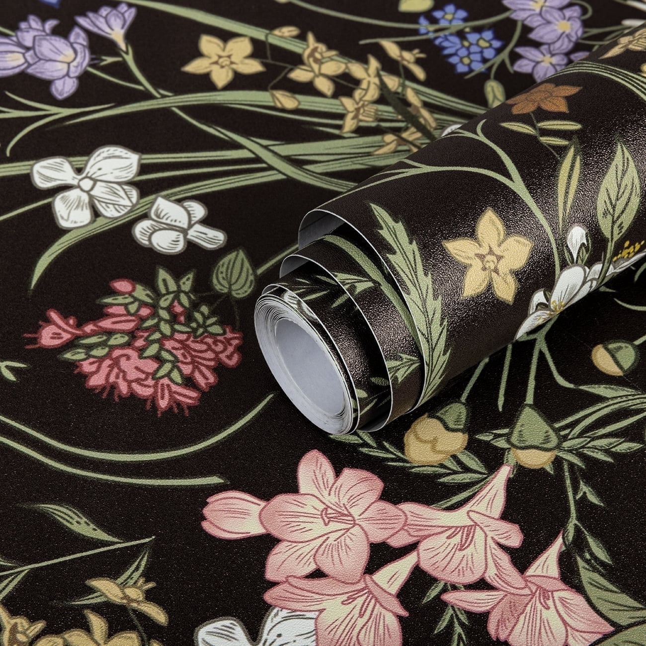 Abyssaly Floral Peel and Stick Wallpaper, Self-Adhesive Removable Contact Paper for Home Decor (Black, 17.7 in x 118 in) 1luh4