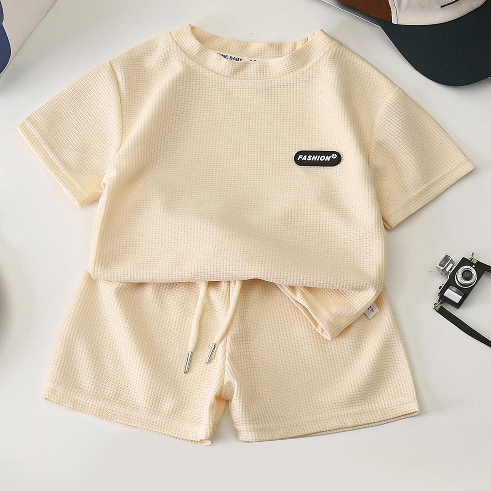 Gbsyewxs Boys 2-Piece Summer Outfit Set, Crew Neck Short Sleeve Top and Shorts (Beige, 5-6 Years) 0mdn5
