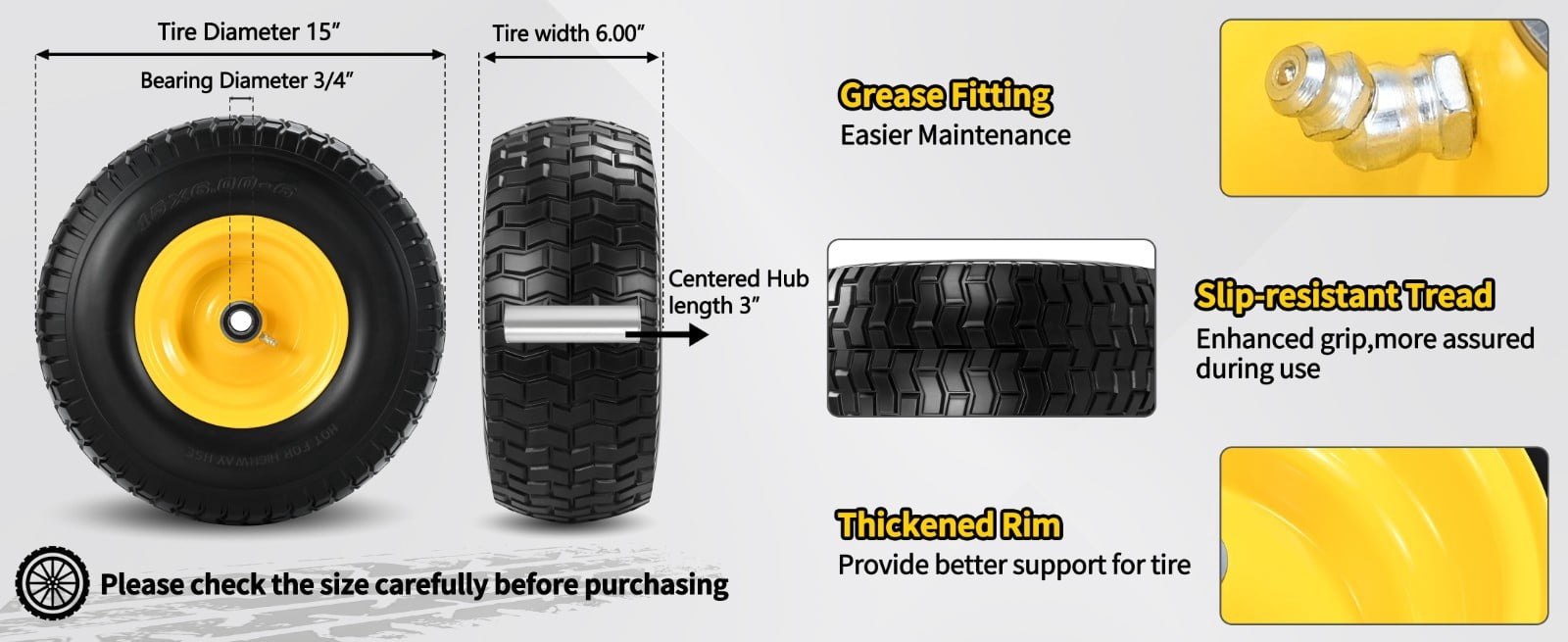 LOTMOVE 15x6.00-6 Flat-Free Lawn Mower Tire and Wheel Assembly (2 Pack, 500 lb Capacity, 3/4 in Bearing) 3uoew