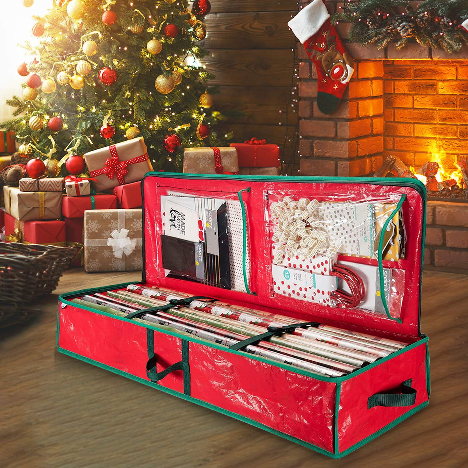 AYktou Wrapping Paper Organizer Storage, Tear-Resistant Fabric Gift Wrap Holder with Inner Pockets (Red, 41x14x6 in) 1o5dv