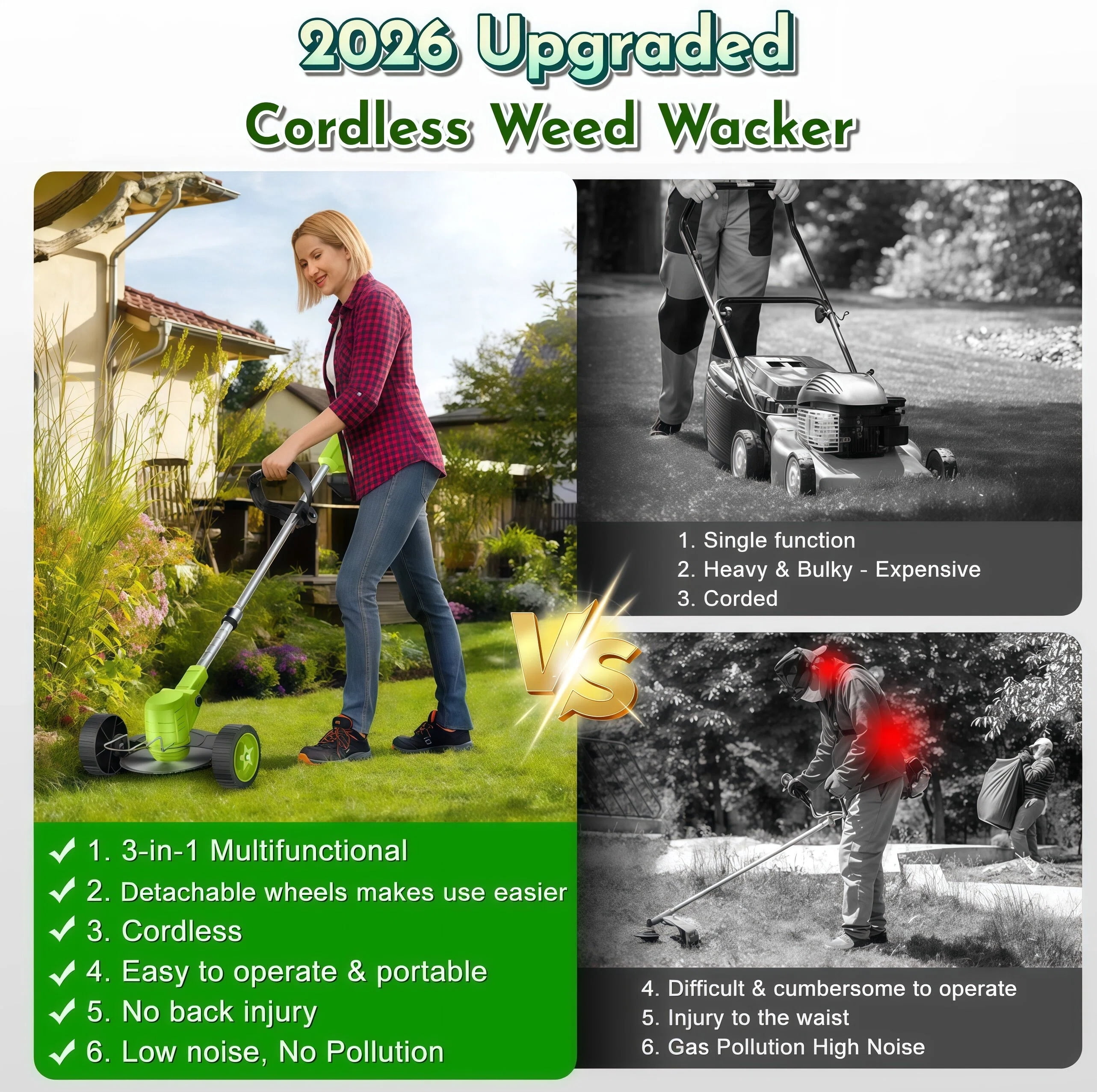 Teblint 800W Cordless Electric Weed Wacker, String Trimmer and Edger with Wheels, 21V Batteries, Adjustable Telescopic Pole (Green, 4.5 lb) 1hgmz