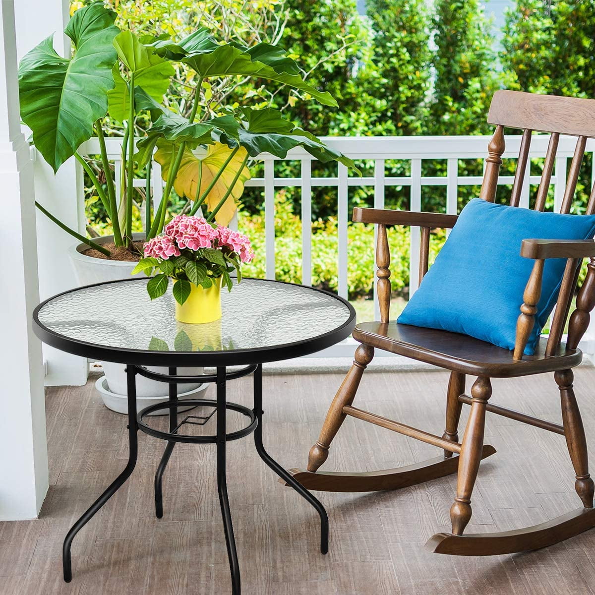 Seizeen Outdoor Patio Dining Table, Round Metal Frame with Glass Top and Umbrella Hole (Black, 30 in) gzjkk