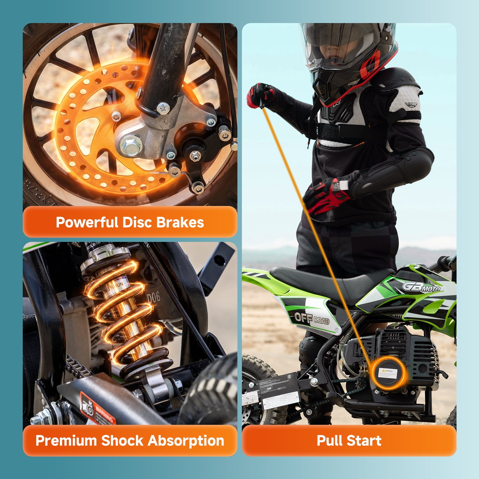 IVFJFV 39cc 4-Stroke Gas Dirt Bike for Beginners, Mini Off-Road Motorcycle with Disc Brakes and Rear Suspension (Green, 48 lb) 5981e
