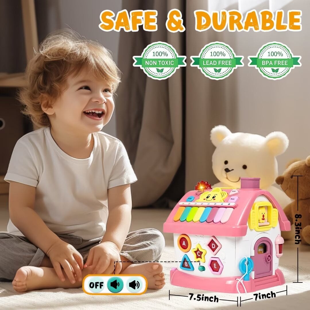 RORONOVA Montessori Activity Cube, 8-in-1 Educational Learning Toy with Music and Lights for Toddlers (Pink, 12 in x 10 in x 10 in) mvael