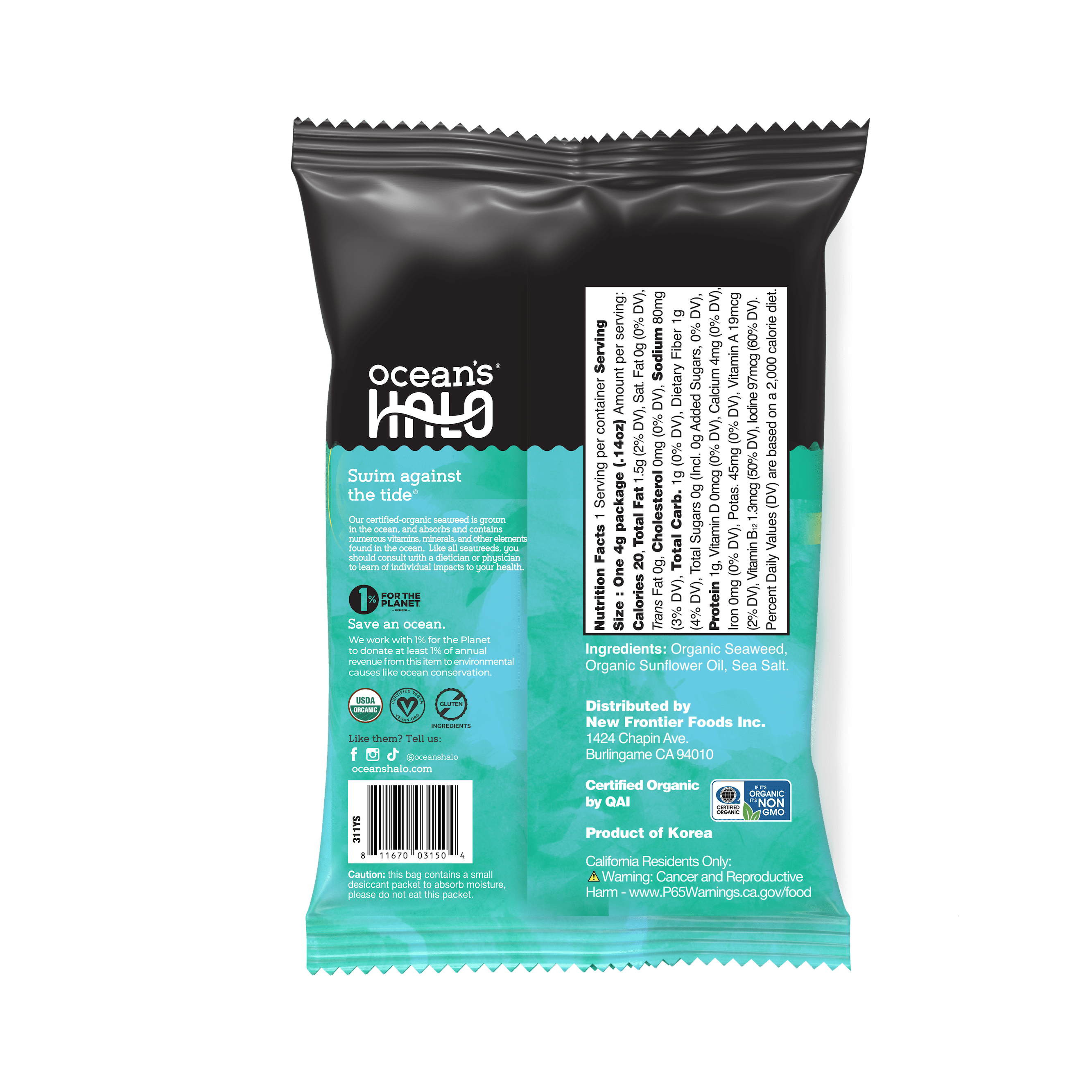 Ocean's Halo Organic Seaweed Snack, Roasted Nori Sheets with Sea Salt, Vegan & Gluten-Free (Sea Salt, 0.14 oz) ovjbp