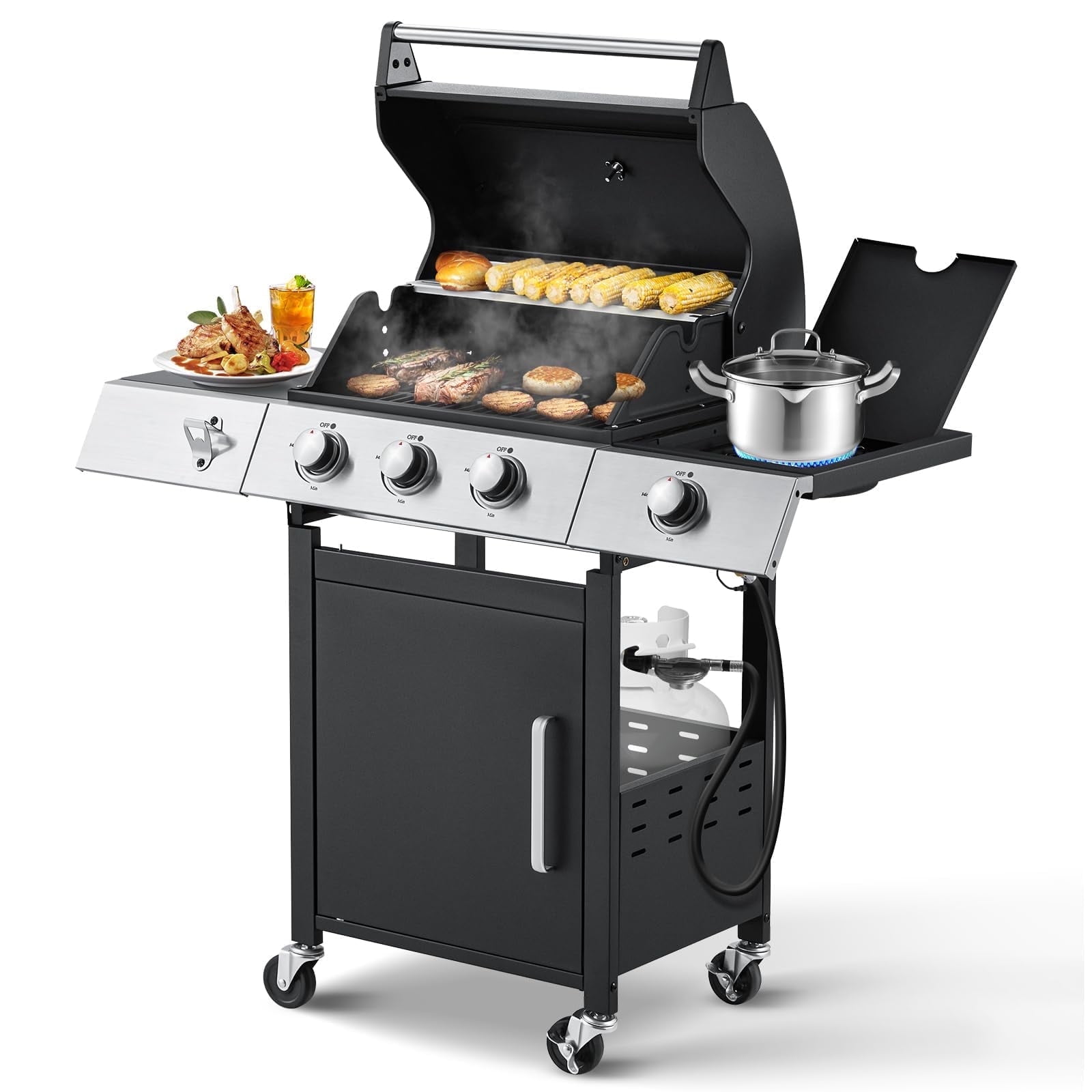 MELLCOM 3-Burner Propane Gas Grill with Side Stove and Cast Iron Grates (Black, 43.3 in x 18.9 in x 43.3 in) aifg2