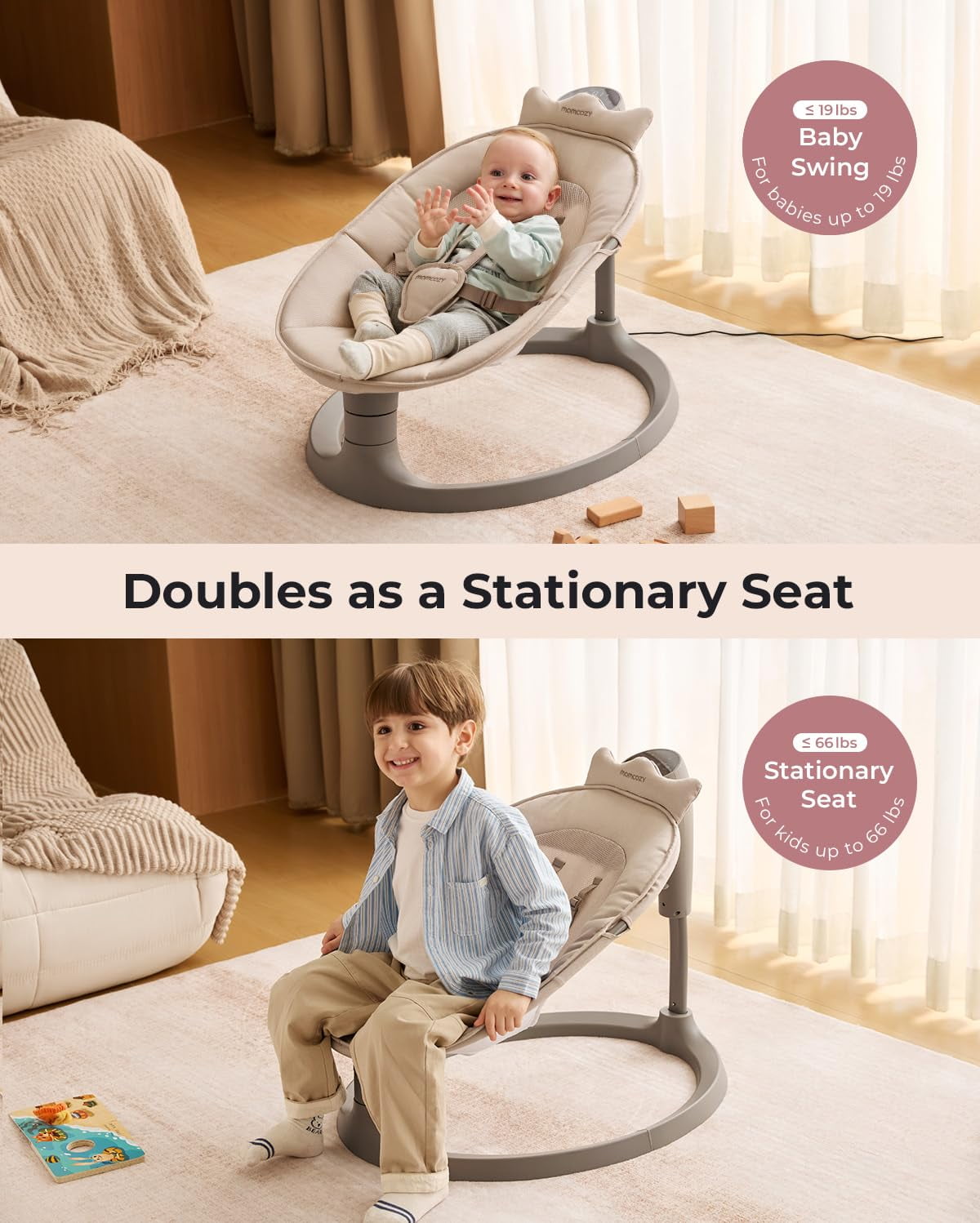 Momcozy 2-in-1 Electric Baby Swing and Toddler Seat, Dual-Arm Support System (Beige, 66 lb) pqi6o