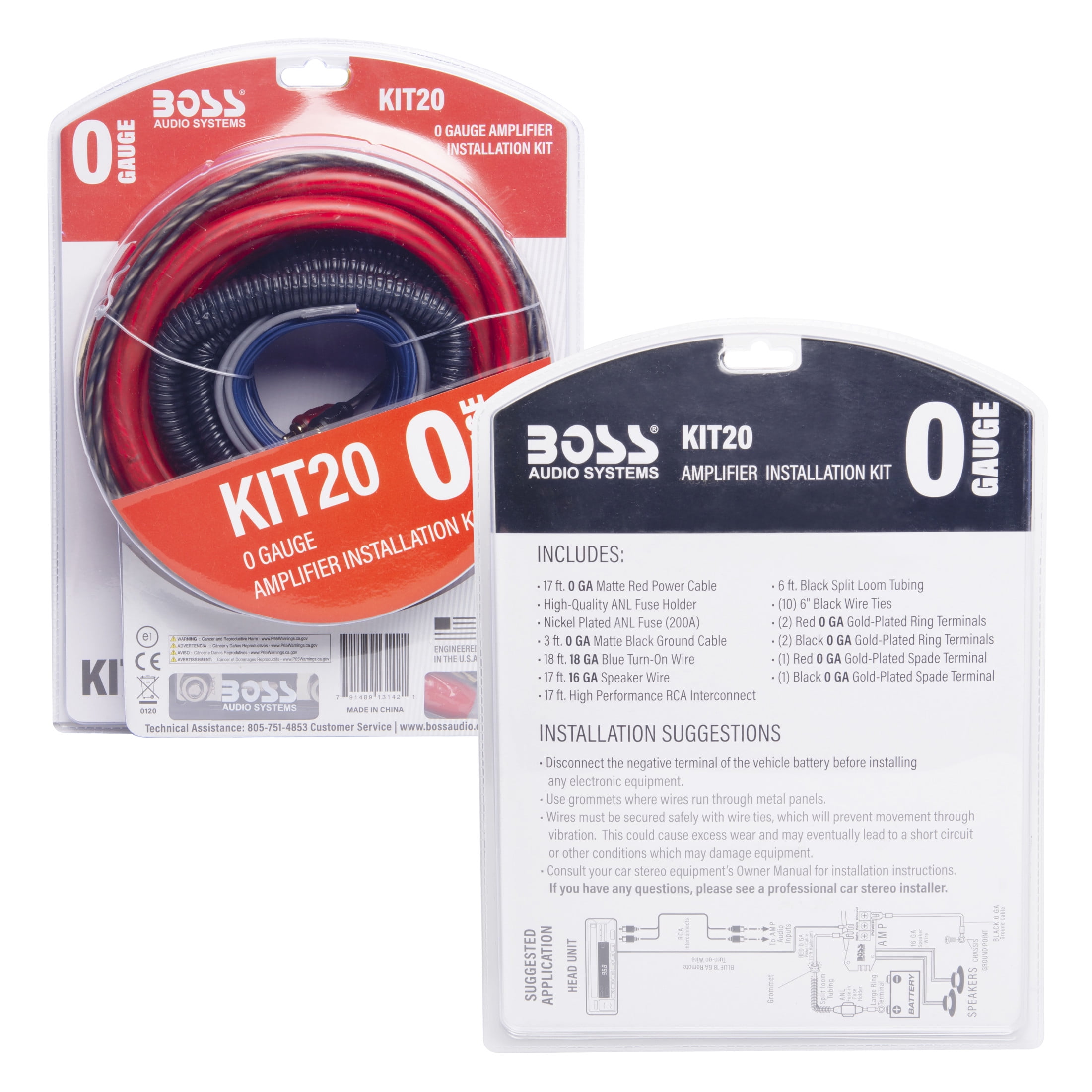 BOSS Audio Systems KIT20 0 Gauge Car Amplifier Installation Wiring Kit (Complete Set, 17 ft Power Cable) hbf4o