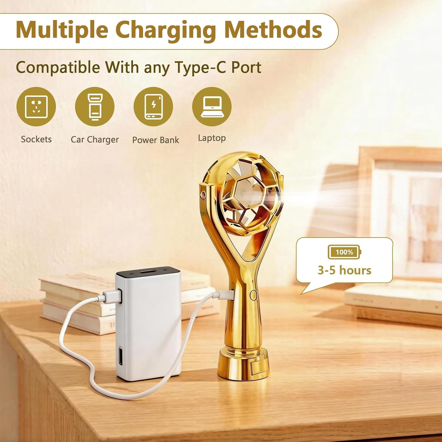 Desiso Handheld Soccer Trophy Fan, Portable USB Rechargeable Cooling Device, Quiet 3-Speed Stadium Fan (Rose Gold, 1 Unit) ko4jz