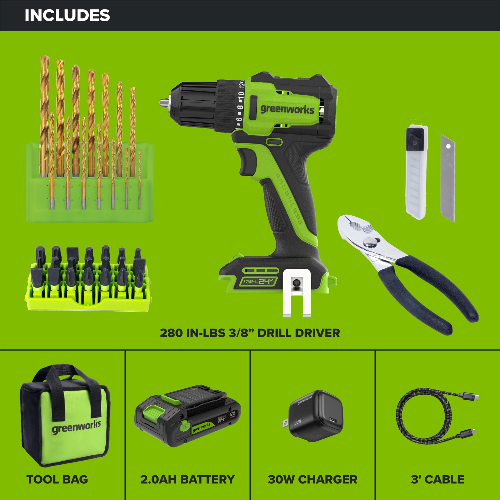 Greenworks 24V Cordless Drill Driver and Hand Tool Project Kit (Green, 1 Kit) jpj0h