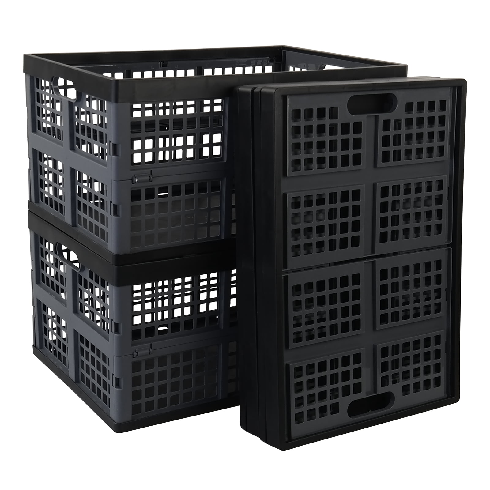 Rinboat Collapsible Plastic Storage Crates, Stackable Organizing Bins for Home and Office (Black, 4 Pack) ni0t5