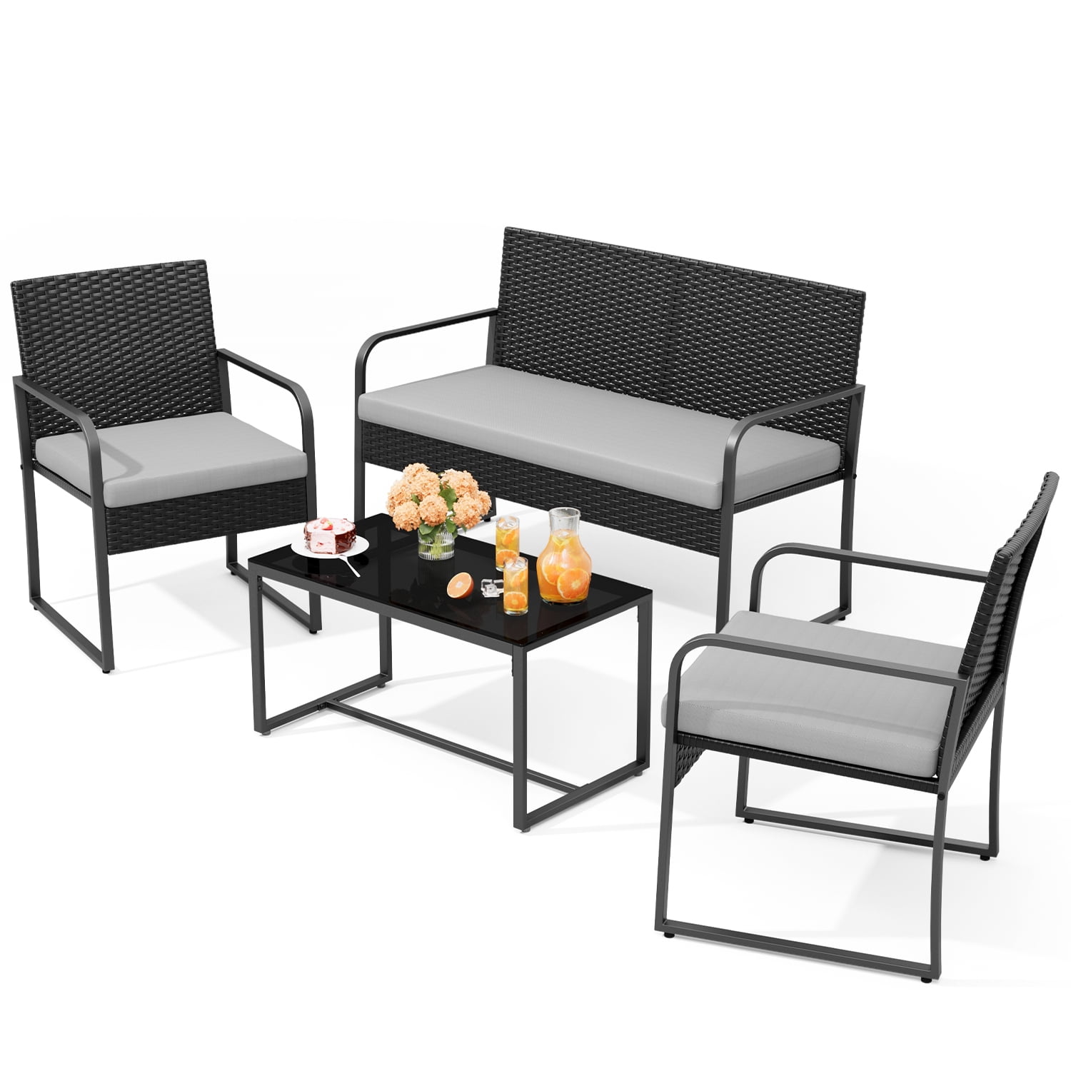 Aiho 4-Piece Patio Furniture Set All-Weather Steel Outdoor Seating with Tempered Glass Coffee Table (Dark Grey, 4-Piece) yiqm9