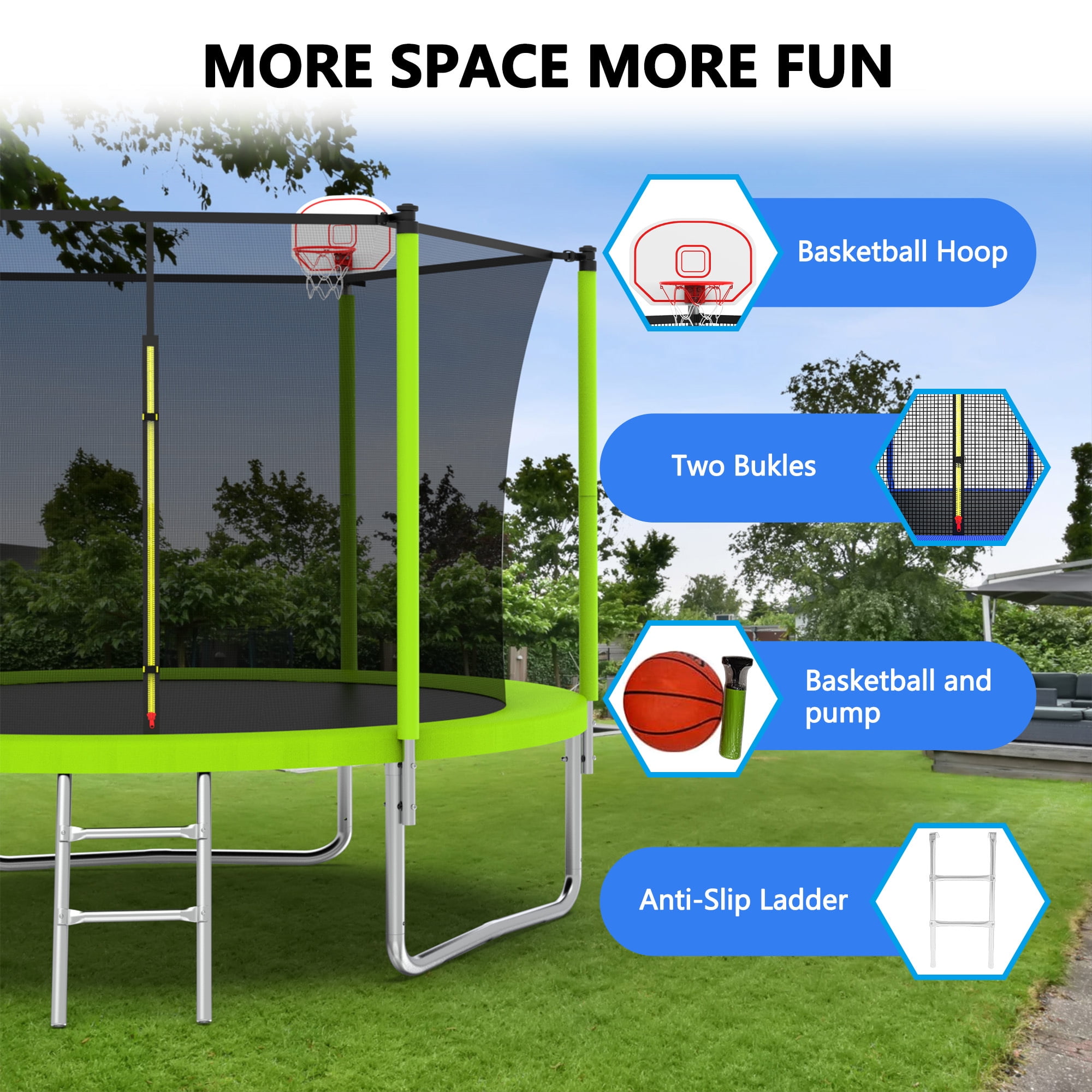 Leumius 10 ft Outdoor Trampoline for Kids with Basketball Hoop and Safety Enclosure Net (Green, 10 ft) 5ymx0