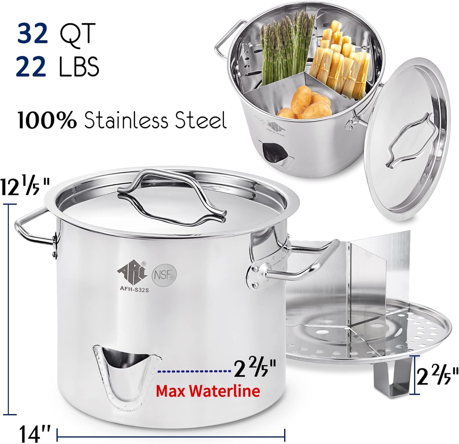 ARC 32QT Stainless Steel Steamer Pot with Propane Burner for Outdoor Cooking (Silver, 32 qt) pwjps