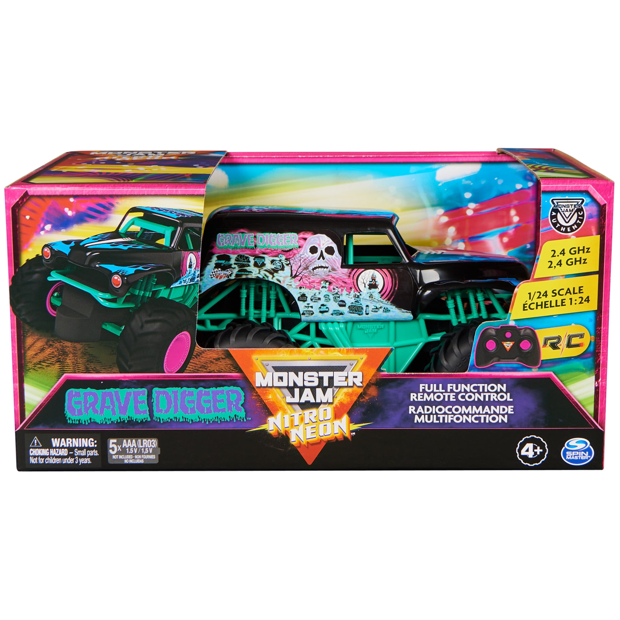 Monster Jam Grave Digger Remote Control Monster Truck, Nitro Neon Edition (1:24 Scale) 7ld2p