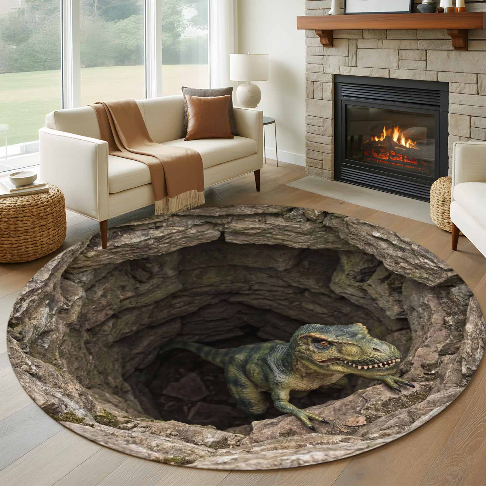 Jacekidy Dinosaur 3D Realistic Cave Area Rug, Non-Slip Machine Washable Indoor Outdoor Floor Mat (Green, 8 ft Round) 9xj1t