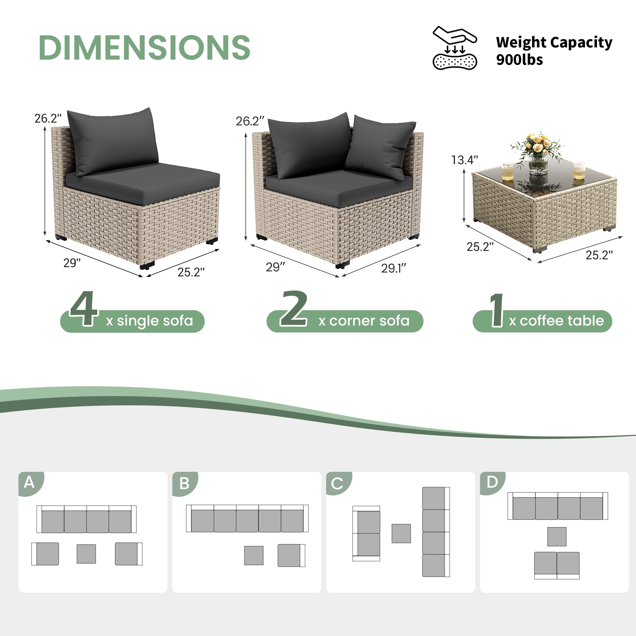 POTEBAN 7-Piece Outdoor Sectional Wicker Patio Conversation Set (Black Cushions, Gray Rattan) 32r6m