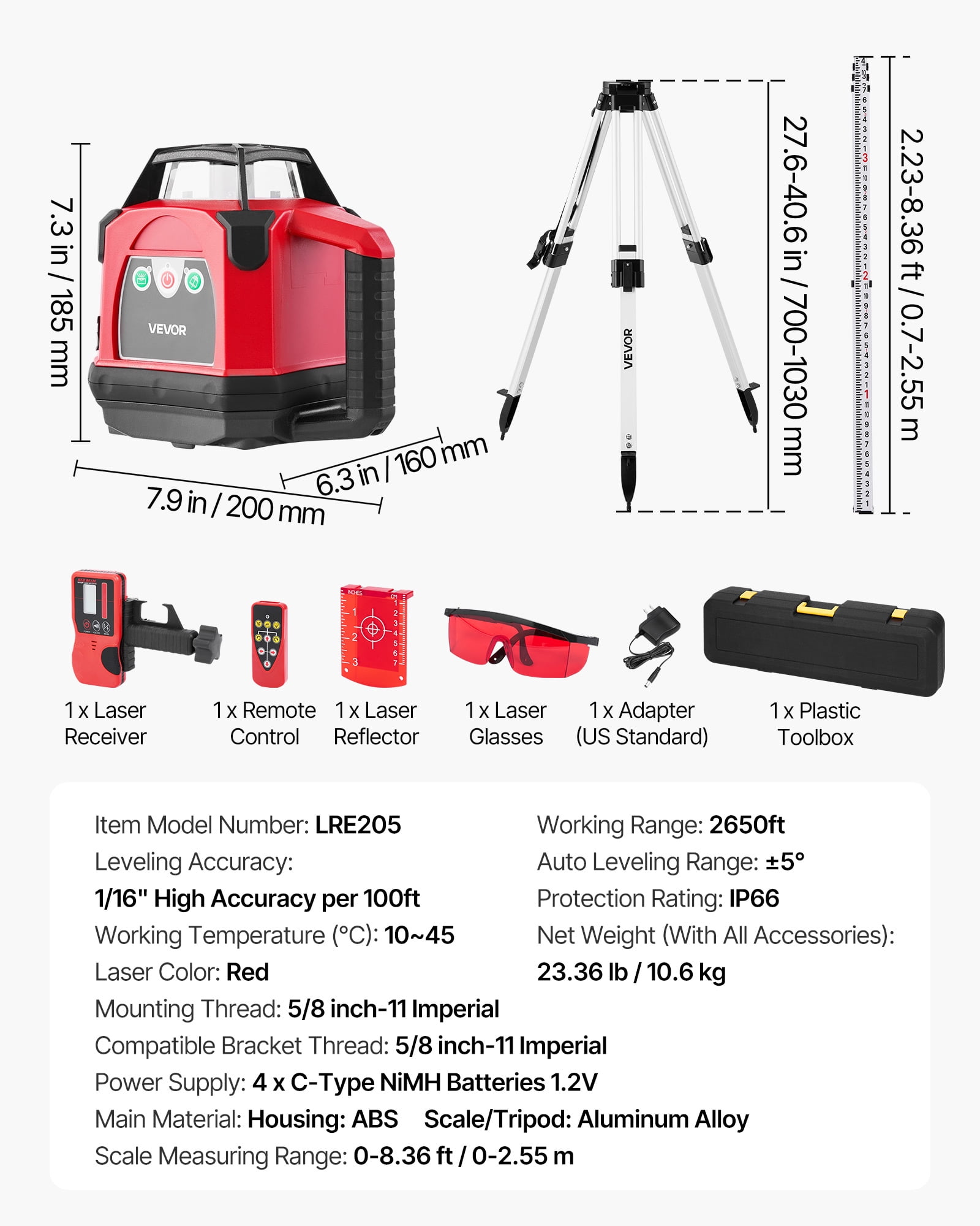 VEVOR Rotary Laser Level Kit, 360-Degree Self-Leveling Red Laser Transit with Tripod and Receiver (2650 ft Range) 9ftcg